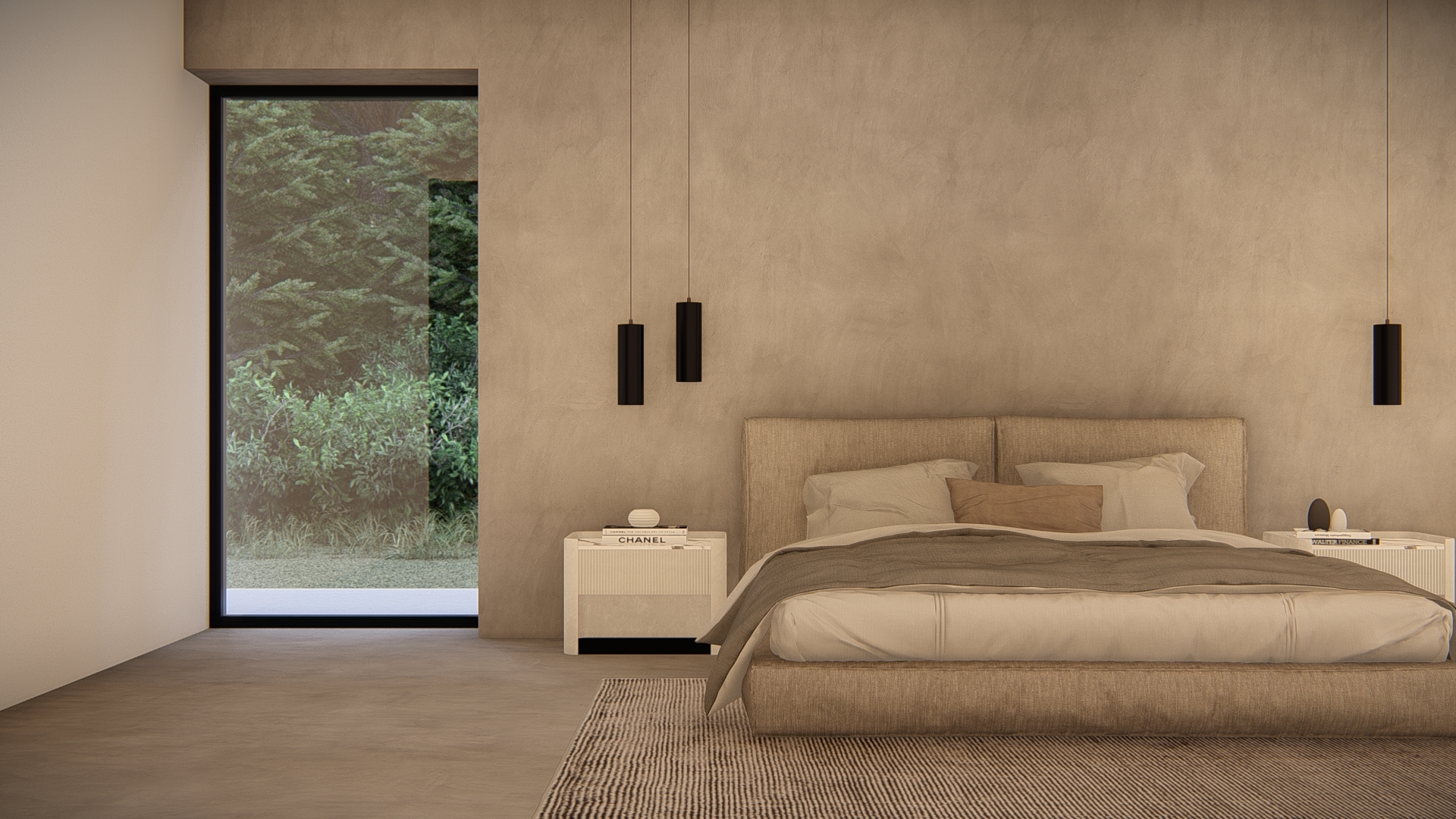 moderne verbouwing, bungalow renovatie, minimalistisch interieur slaapkamer, modern interieur slaapkamer, strak interieur masterbedroom, interieurarchitectuur, beton interieur