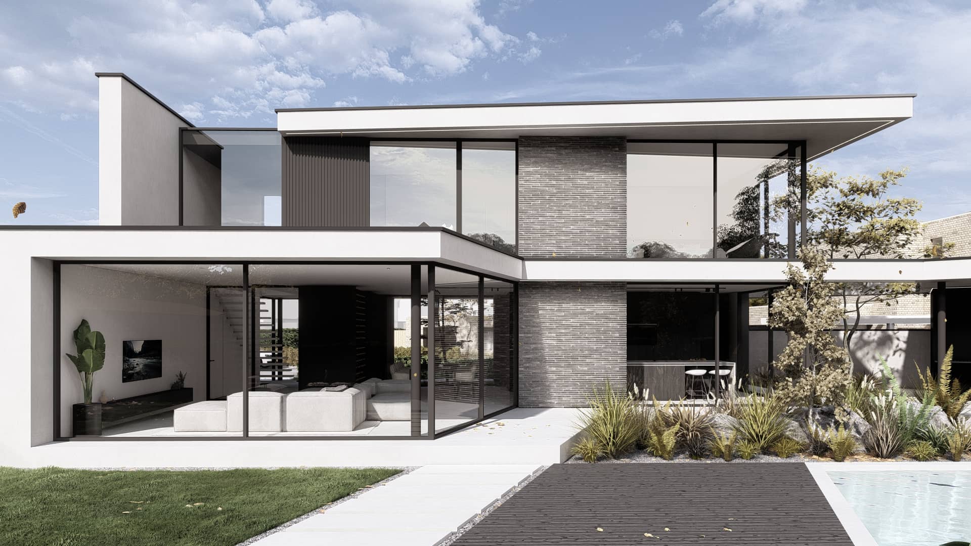 Moderne luxe villa met strakke lijnen, grote glaspartijen, metselwerk en stucwerk.