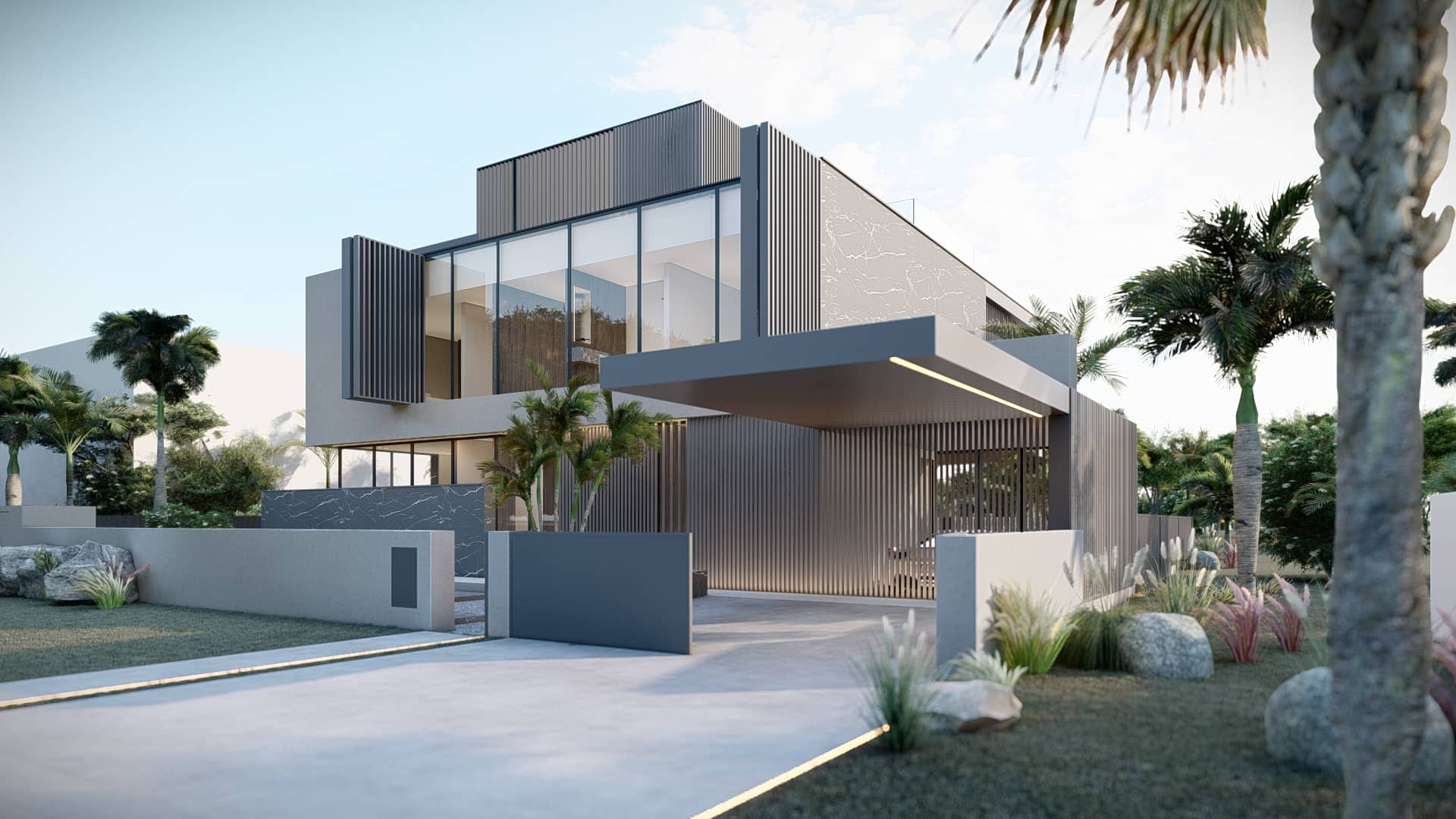 Moderne luxe villa met strakke lijnen, grote glaspartijen en minimalistisch ontwerp.