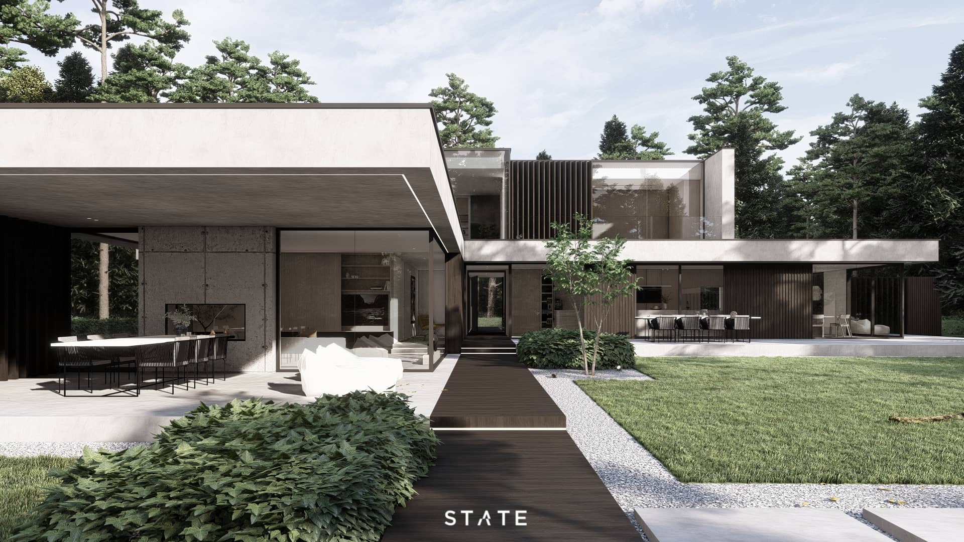 Exterior van Revive Residence, gerenoveerde villa in Epe door STATE of Architecture — ruwe materialen, glaspartijen en moderne uitbreiding.