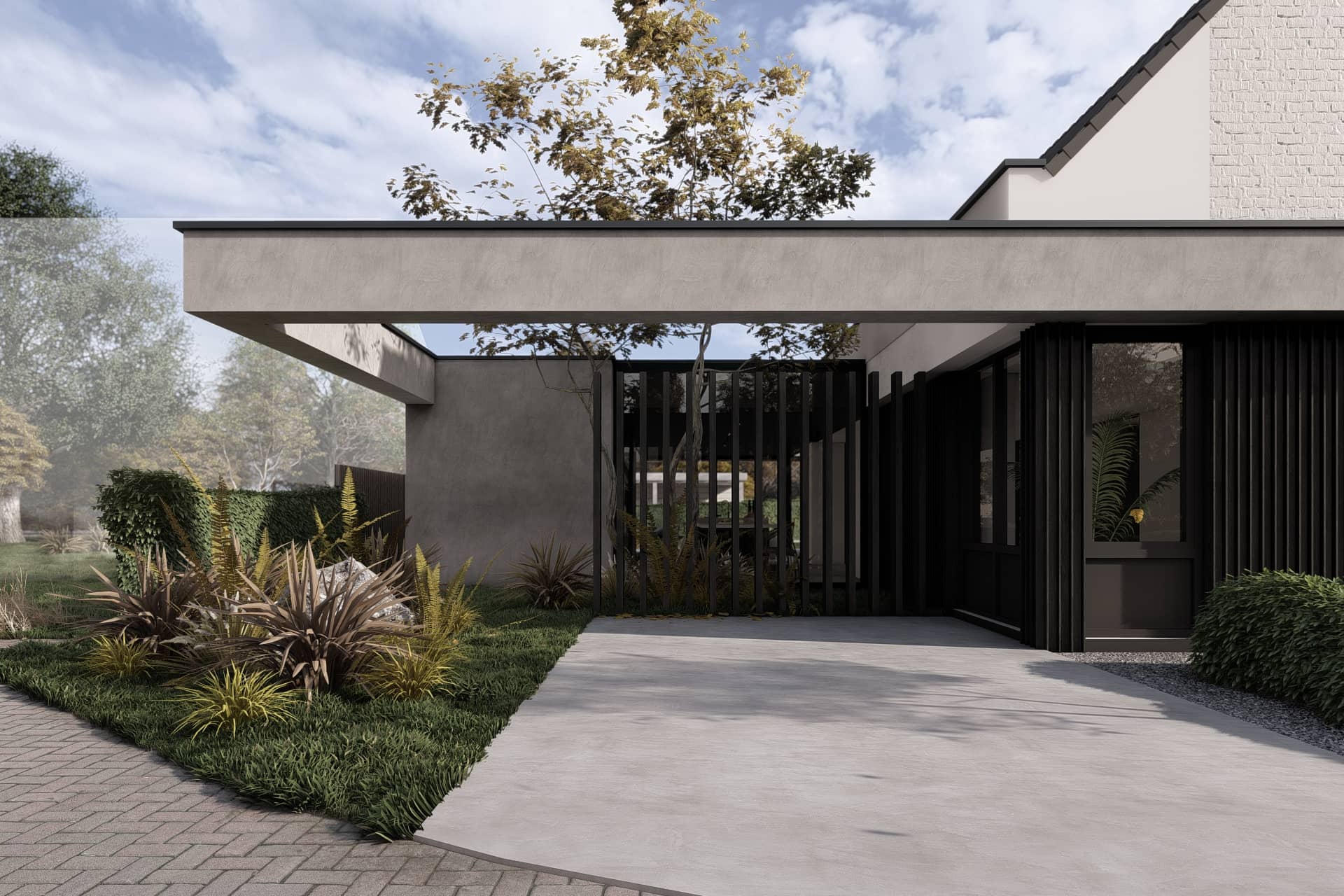 Exterieur van Renovation H – gerenoveerd woonhuis in Heythuysen door STATE of Architecture, met strakke gevel en moderne materialiteit