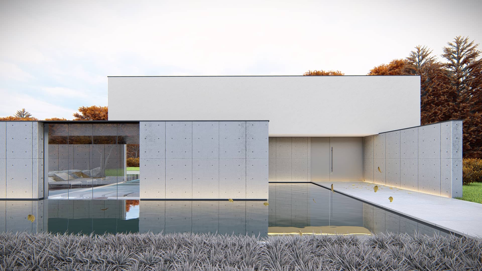Moderne minimalistische villa Contra House Cannes met strakke betonnen gevel en reflecterend zwembad voorzijde