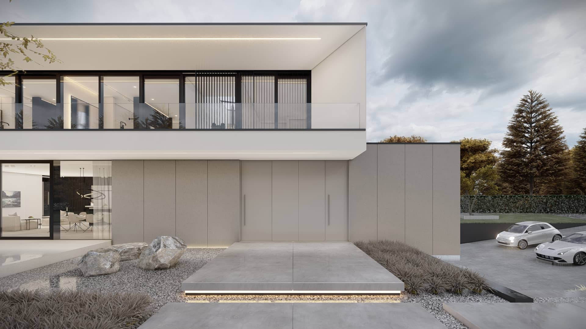 Moderne villa in Nederland met strakke lijnen, grote ramen en betonnen accenten, verlicht met ledverlichting.