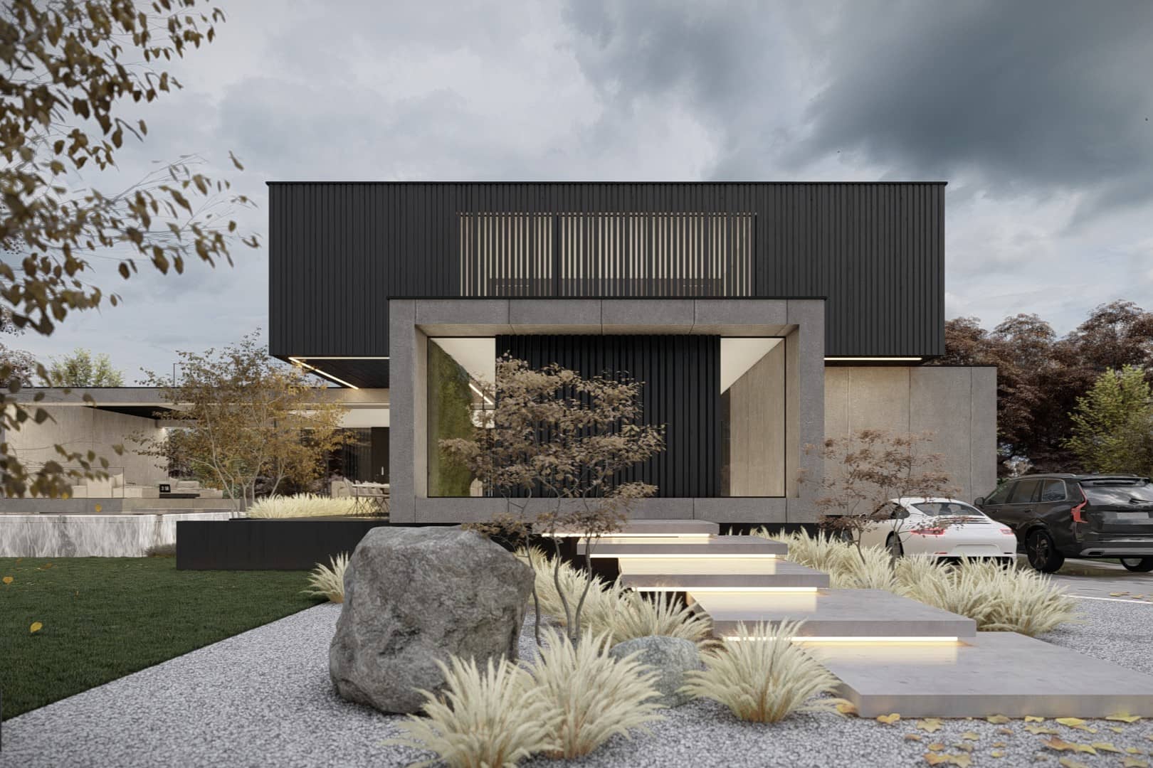 Moderne villa in Nederland met strakke lijnen en betonnen elementen.