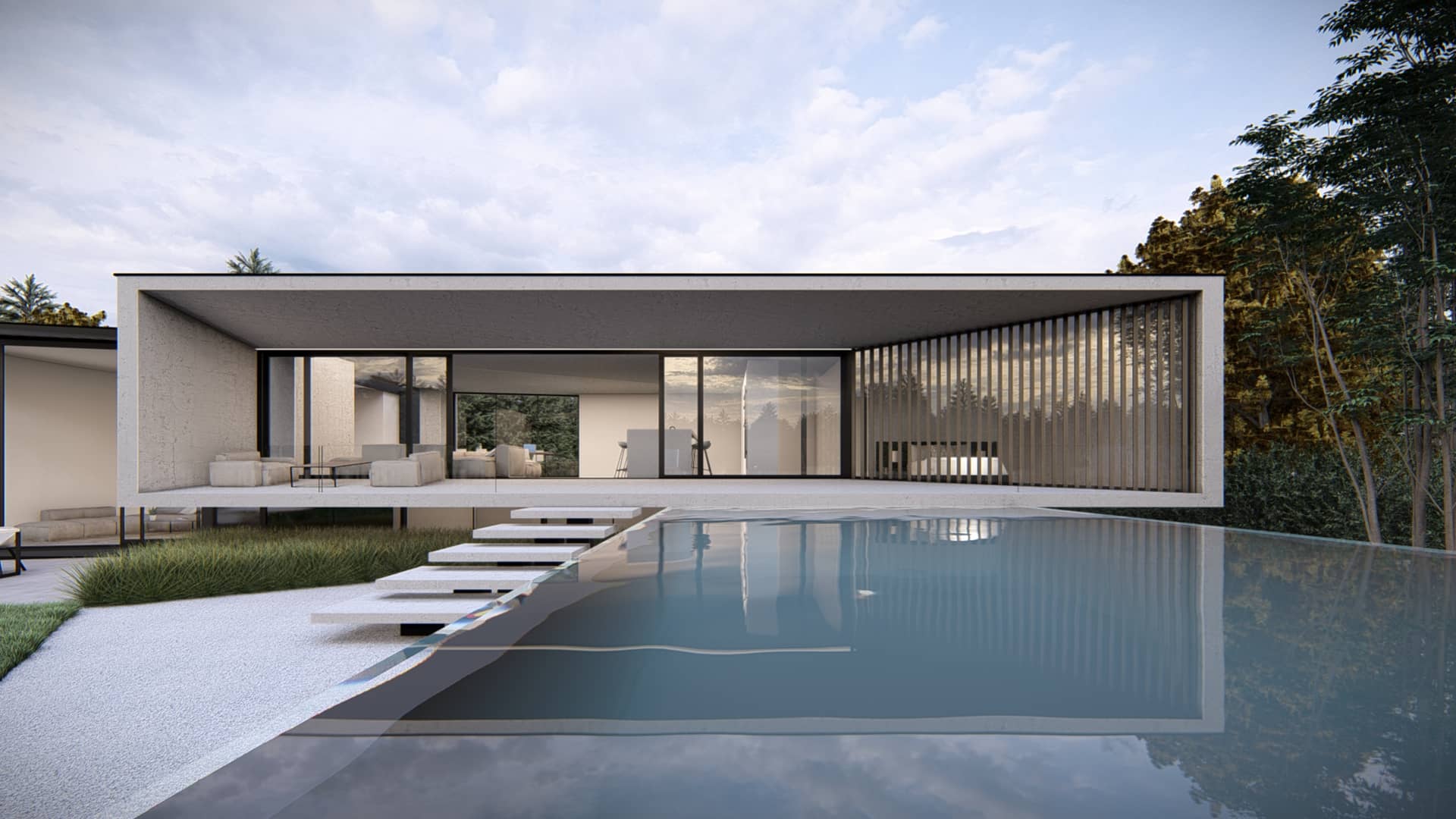 zwembad met overkapping en meubels. gemaakt van beton en glas.