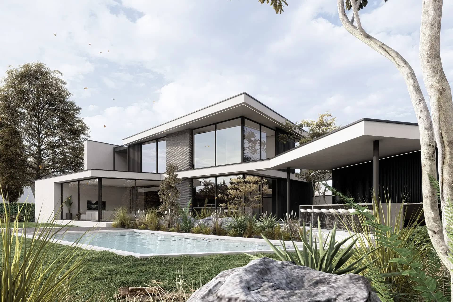 minimalistische villa voortuin gras steen glas beton zwembad bossen