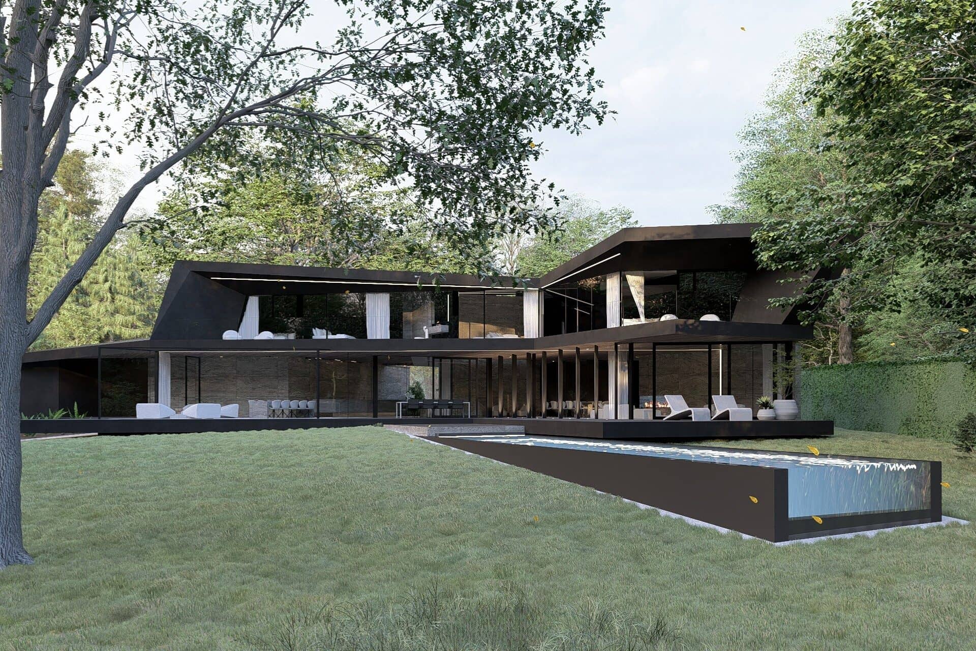 villa met zwembad in de bossen exterieur interieur meubels slaapkamer overkapping
