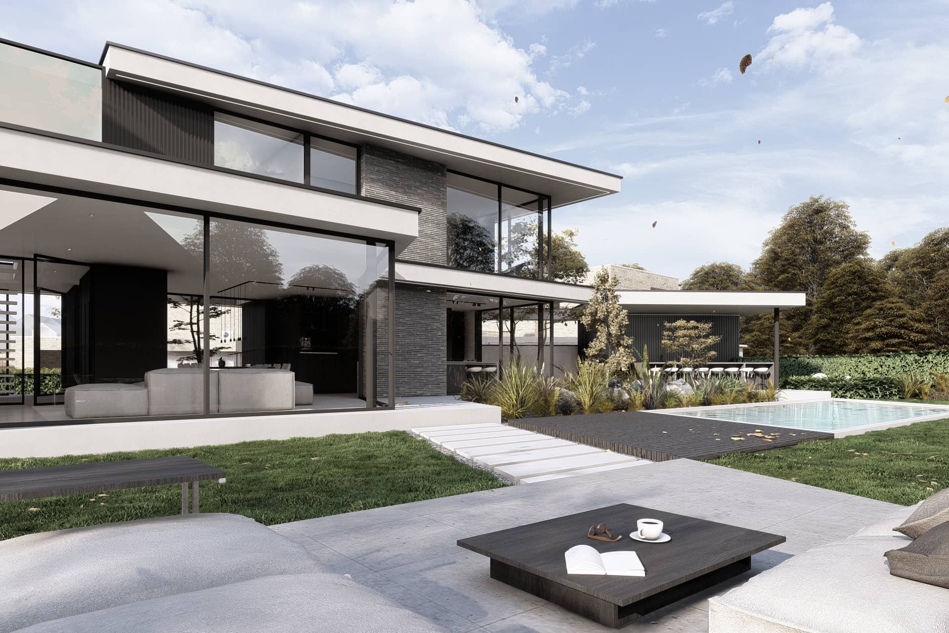Villa tuin buitenmeubels glas transparant zonlicht beton wit