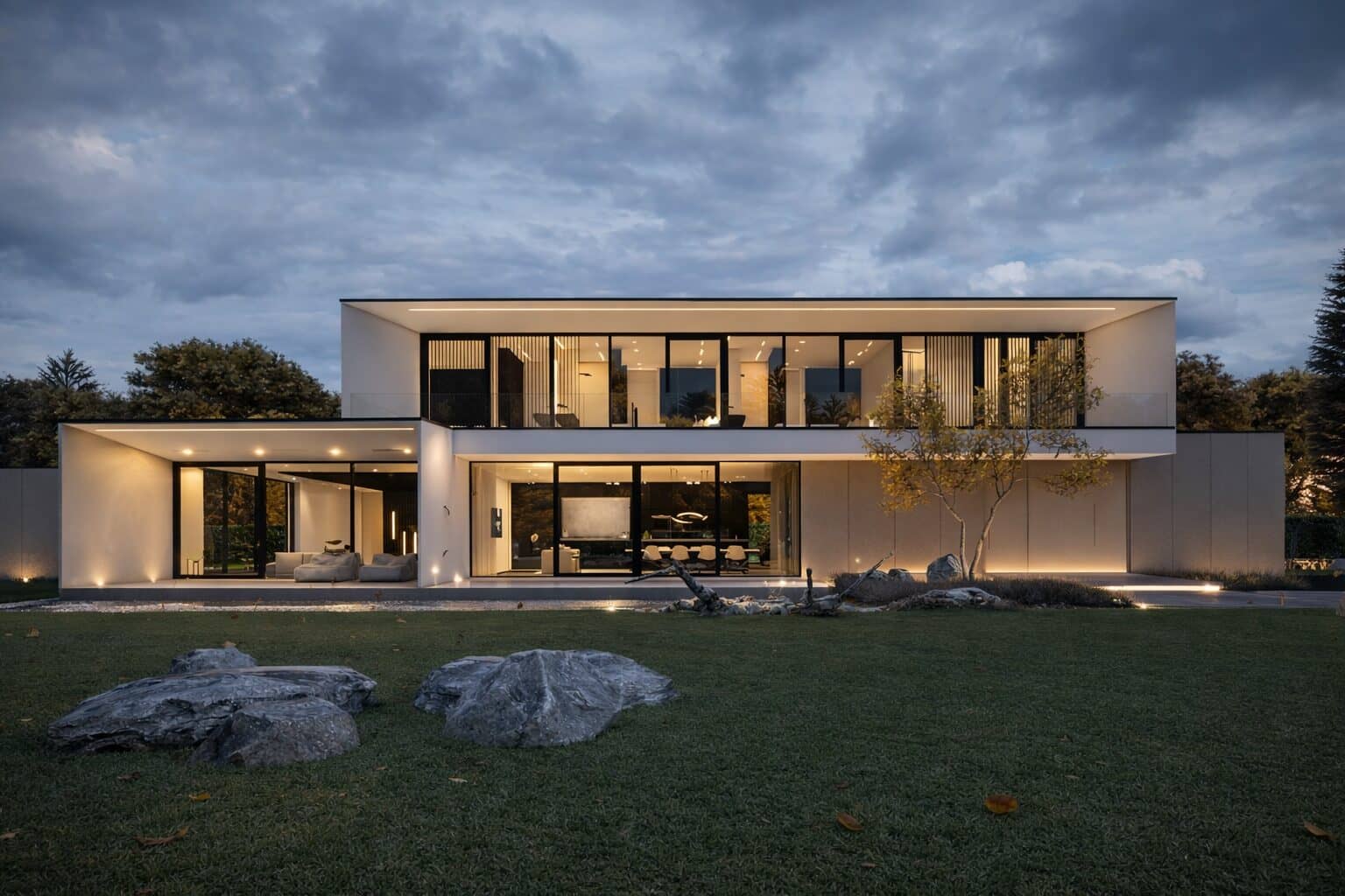Villa in het donker met belichting in het wit glas transparant