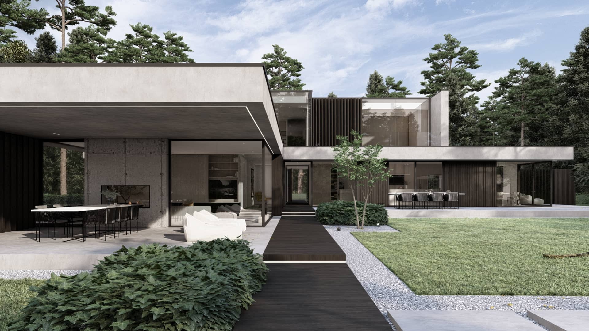 Villa geometrie strakke lijnen tuin overkapping meubels