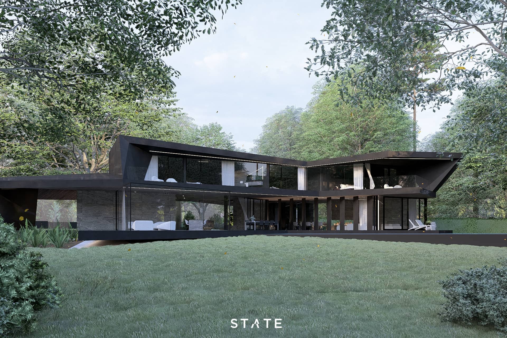 high end villa bossen minimalistisch donker beton gras voortuin glas