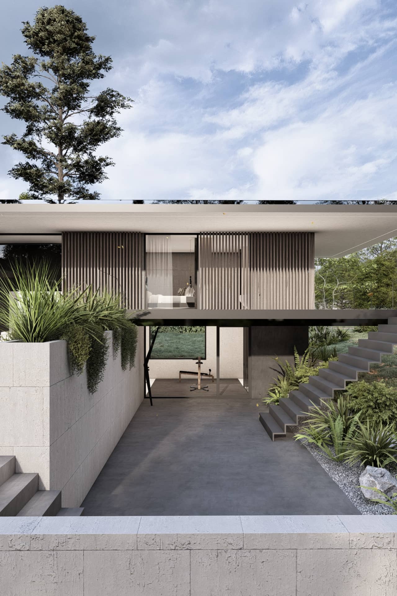 Minimalistische woning met open gevel en zicht op interieur