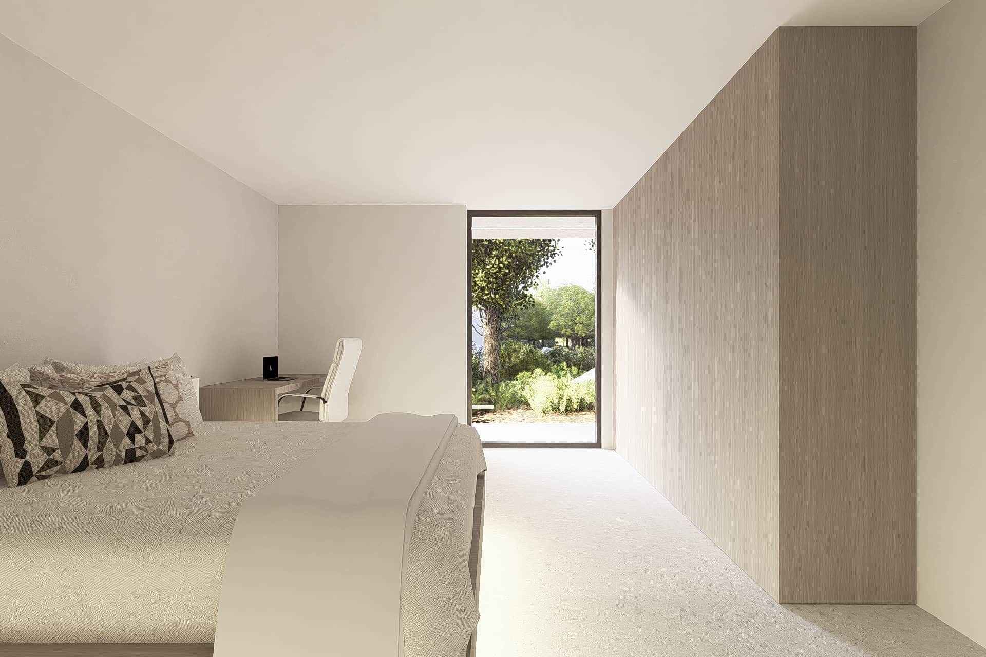 Minimalistische slaapkamer met beige tinten, houten wand en uitzicht op groene tuin