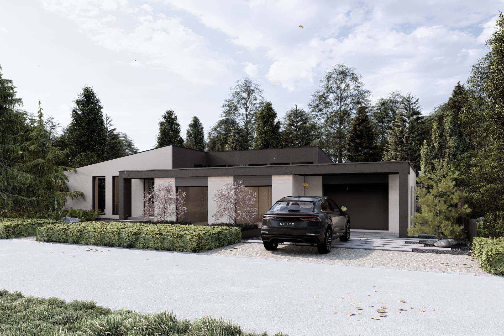 voorkant villa garage oprit