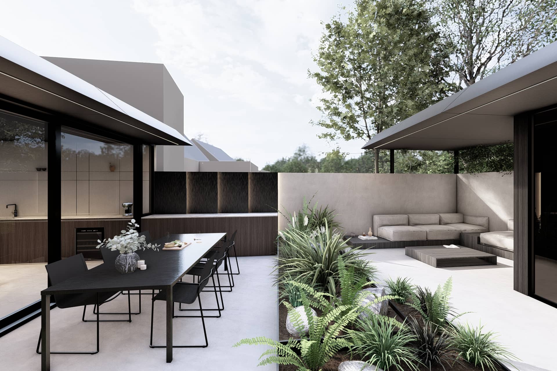 Moderne tuin met zithoek, buitentafel en geïntegreerd groen rondom de eigentijdse aanbouw.