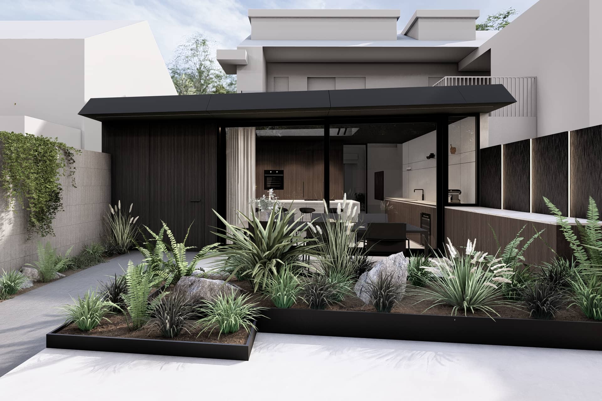 Moderne buitenruimte met comfortabele zithoek, dinertafel en strak tuinontwerp rondom de aanbouw.