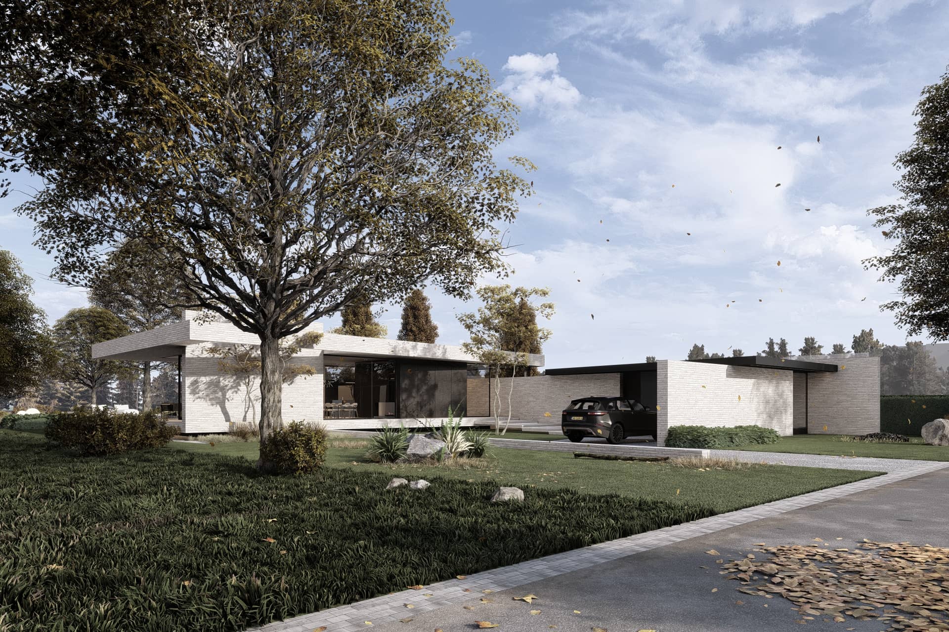 Project minimalisme villa wit auto garage groen oprit