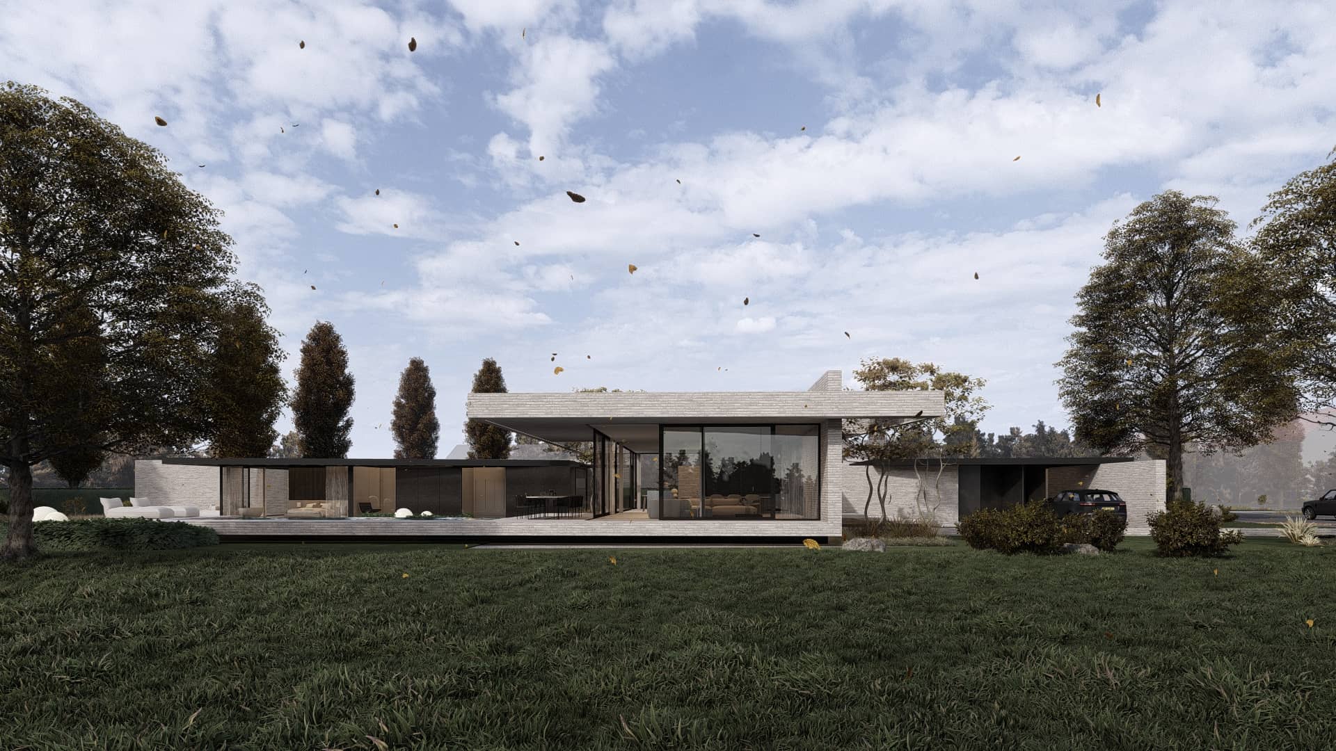 Render van een villa van voortuin met overkapping en meubels beton glas gras bomen