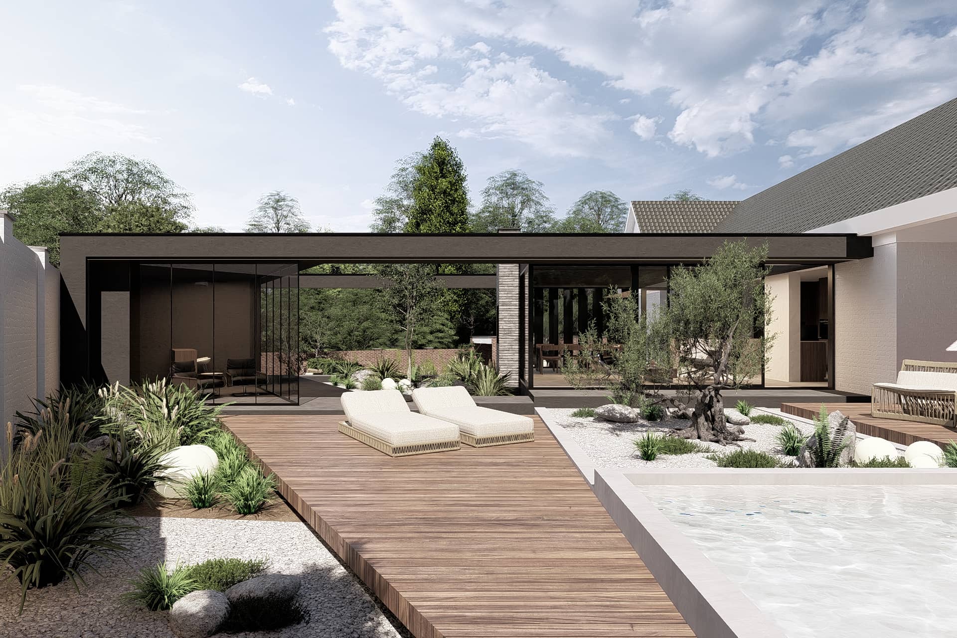 Moderne villa-uitbreiding met contrast tussen witte baksteen en donkere nieuwbouw.