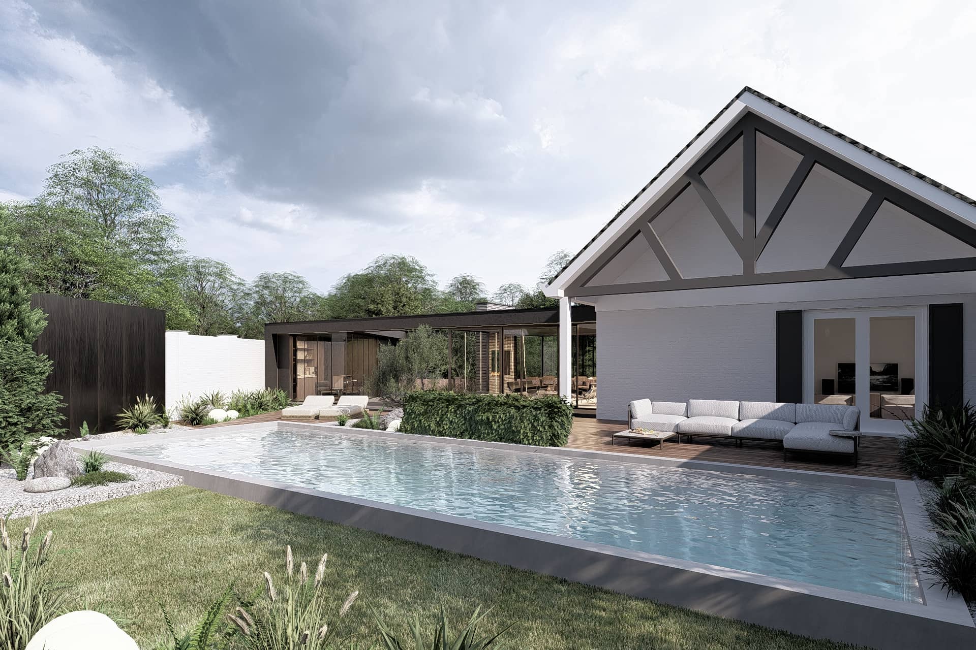 Strakke achtertuin met spiegelvijver, siergrassen en zwarte architectonische volumes.