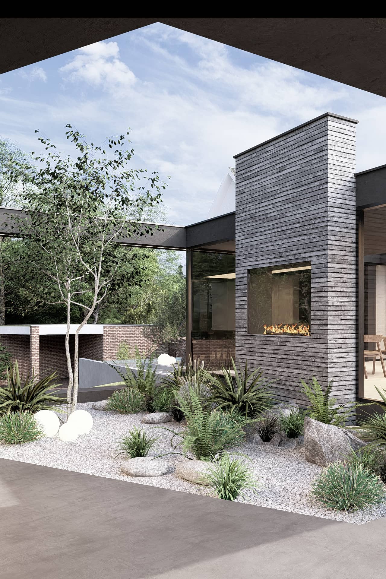 Donkere uitbreiding met gebrand hout, glazen puien en strak pooldeck.