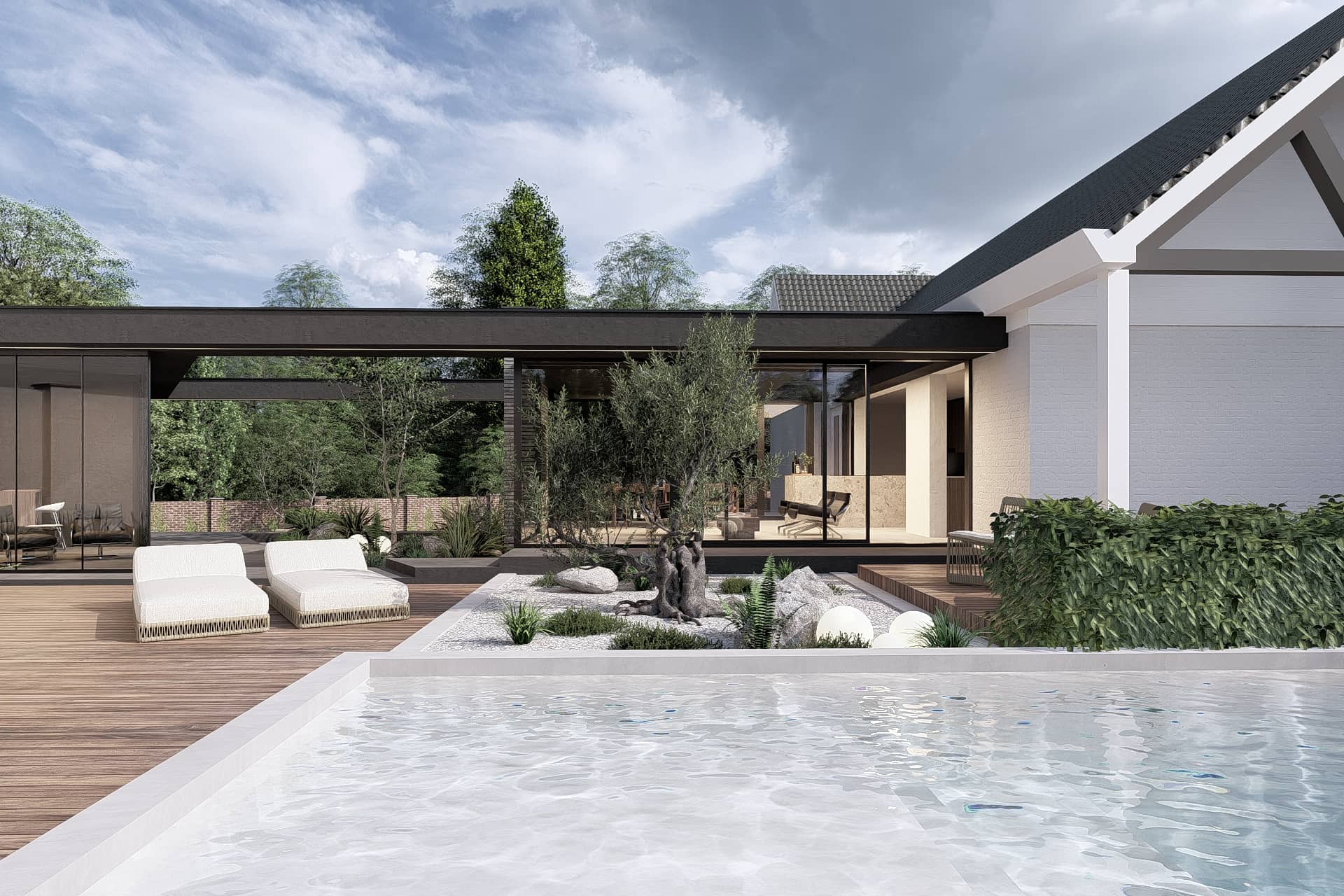 Overdekte buitenruimte met donkere dakrand en zicht op de patio.