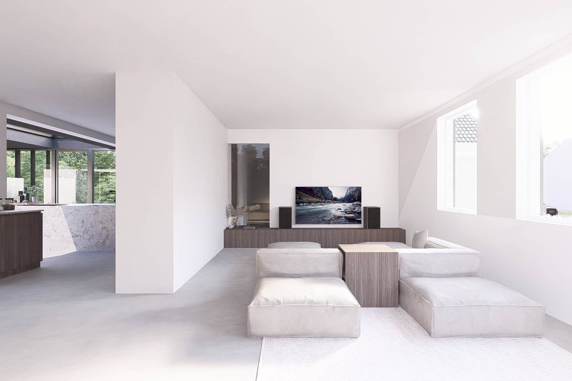 Binnenruimte met lange eettafel, loungehoek en grote glaspartijen richting tuin.