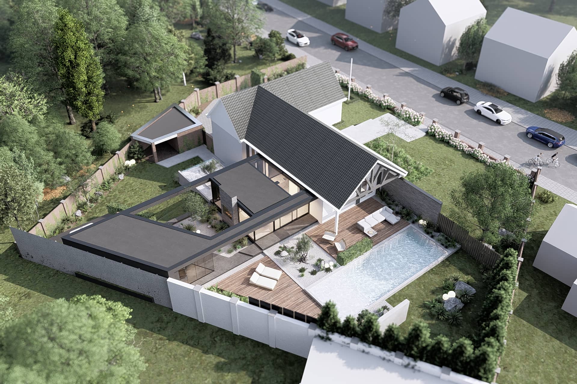 Luxe tuin met zwembad, houten pooldeck en minimalistische zwarte aanbouw.