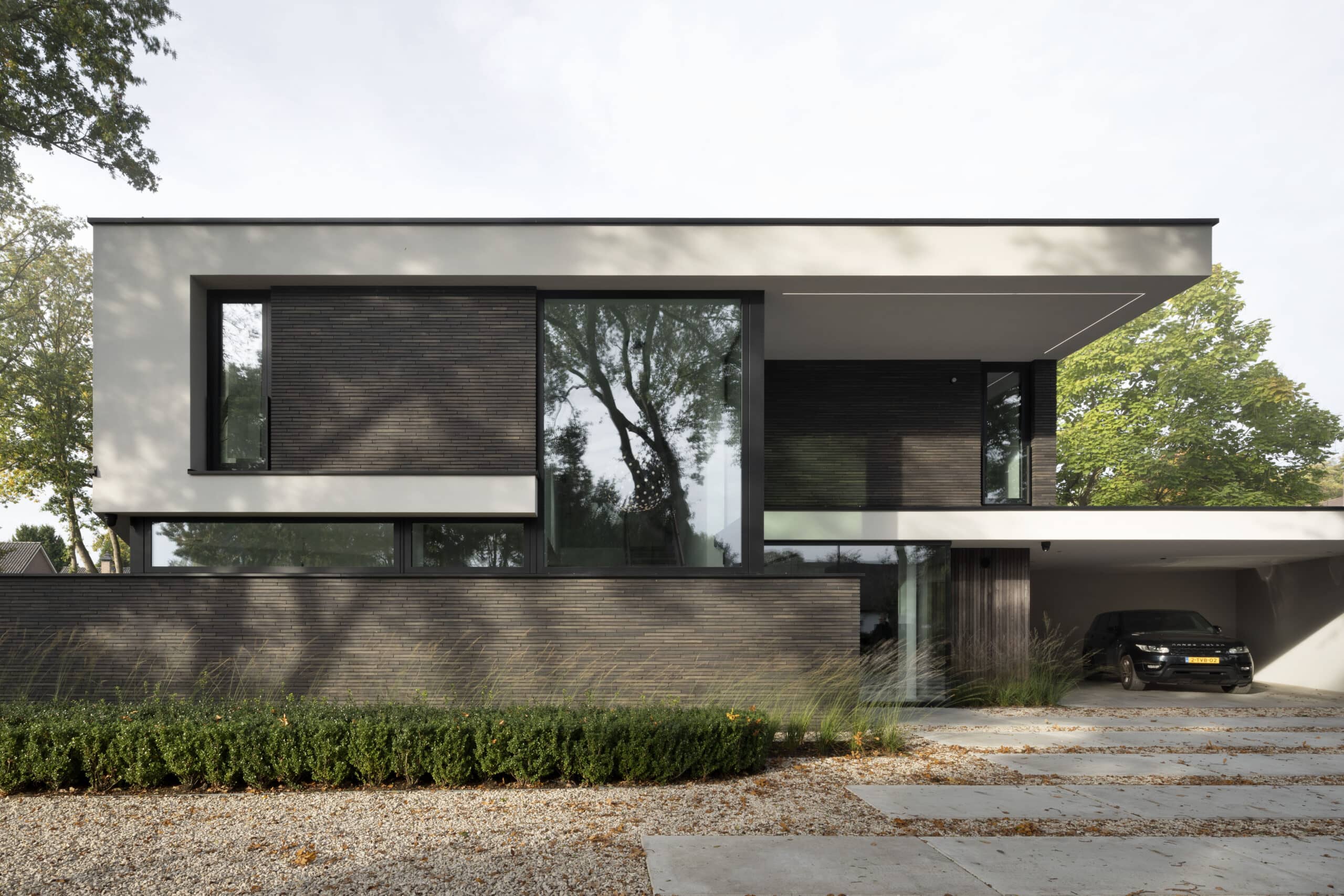 glas, beton, steen, auto, voortuin, heg, villa