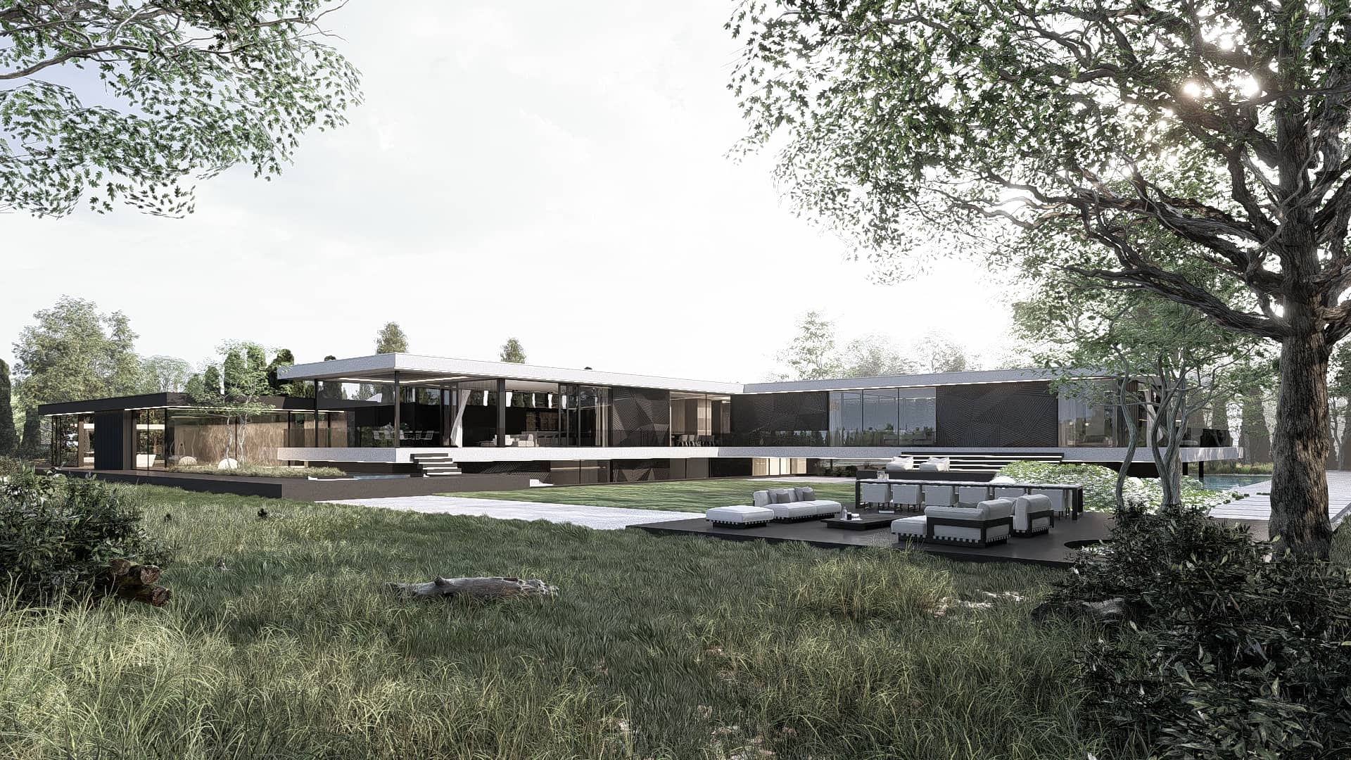 Moderne woning exterieur natuursteen beton glas tuinmeubels overkapping