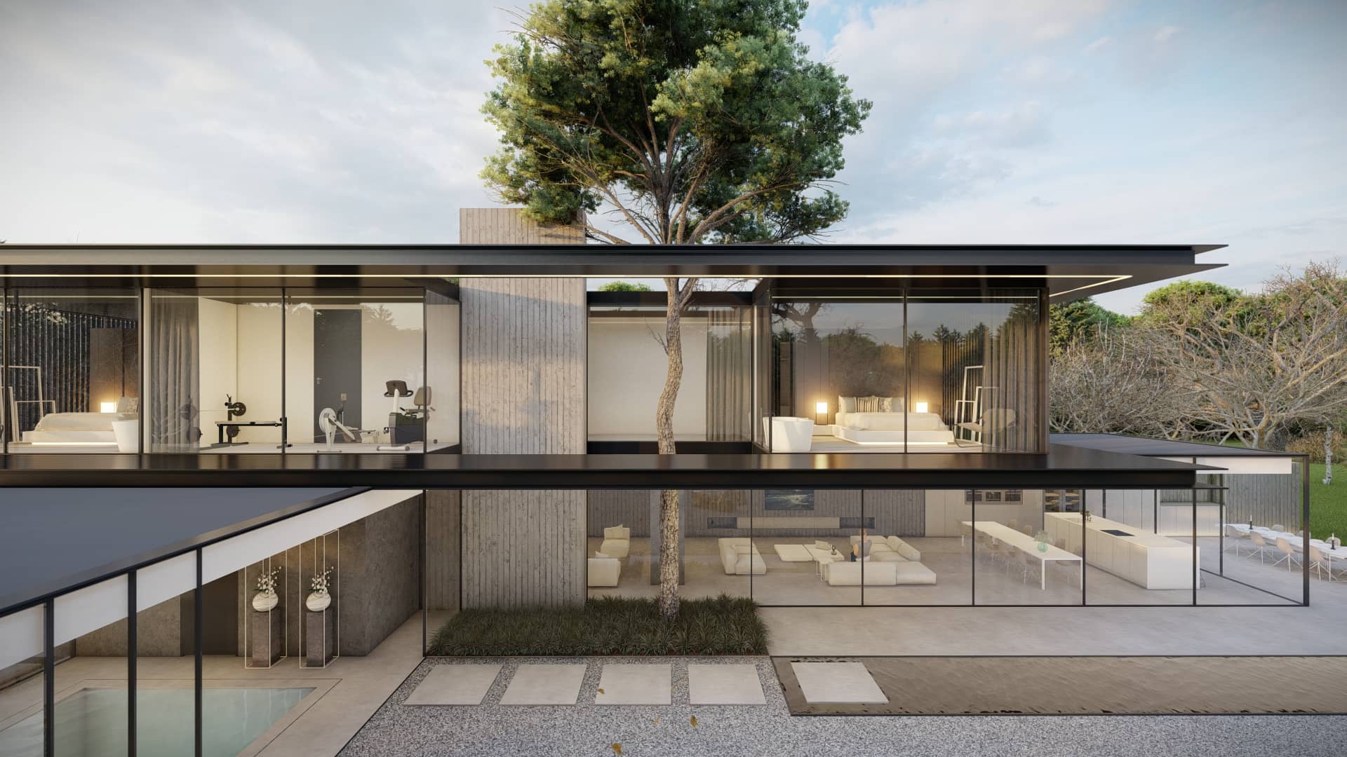 Moderne villa met sterke geometrie strakke lijnen bomen glas transparantie interieur