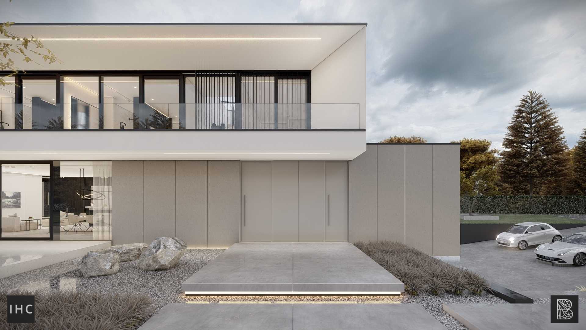 Voorkant van een moderne villa beton glas autos garage