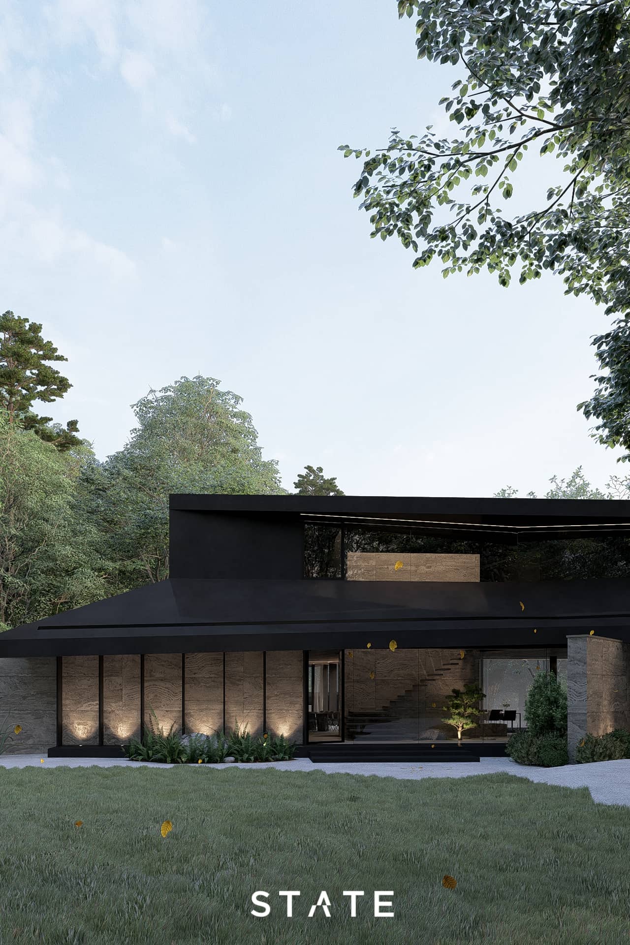 Villa met goede belichting veel ramen decoratie en natuur