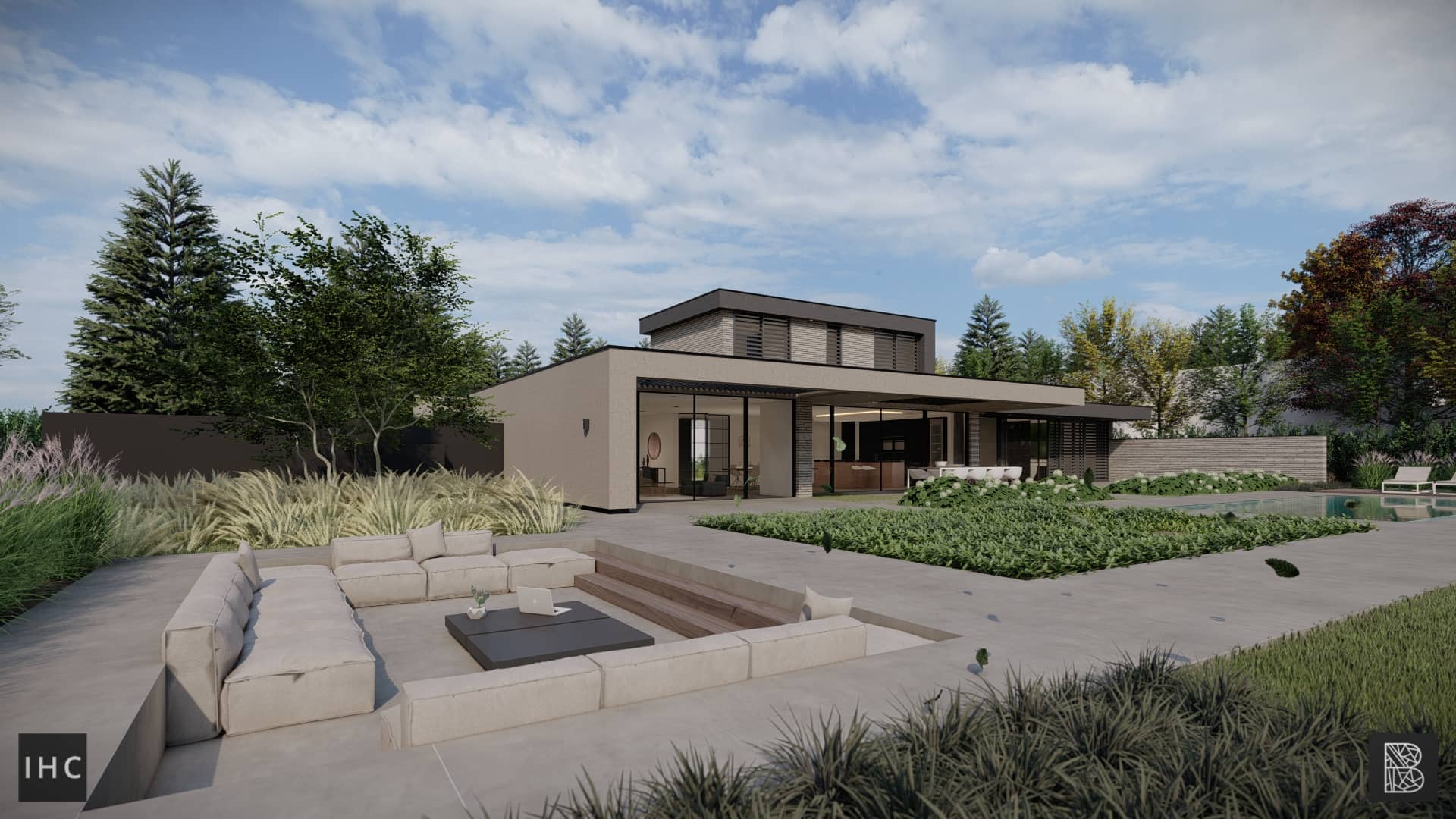 3d render van een villa met tuin meubels beton steen baksteen glas meerdere verdiepingen groen natuur bossen