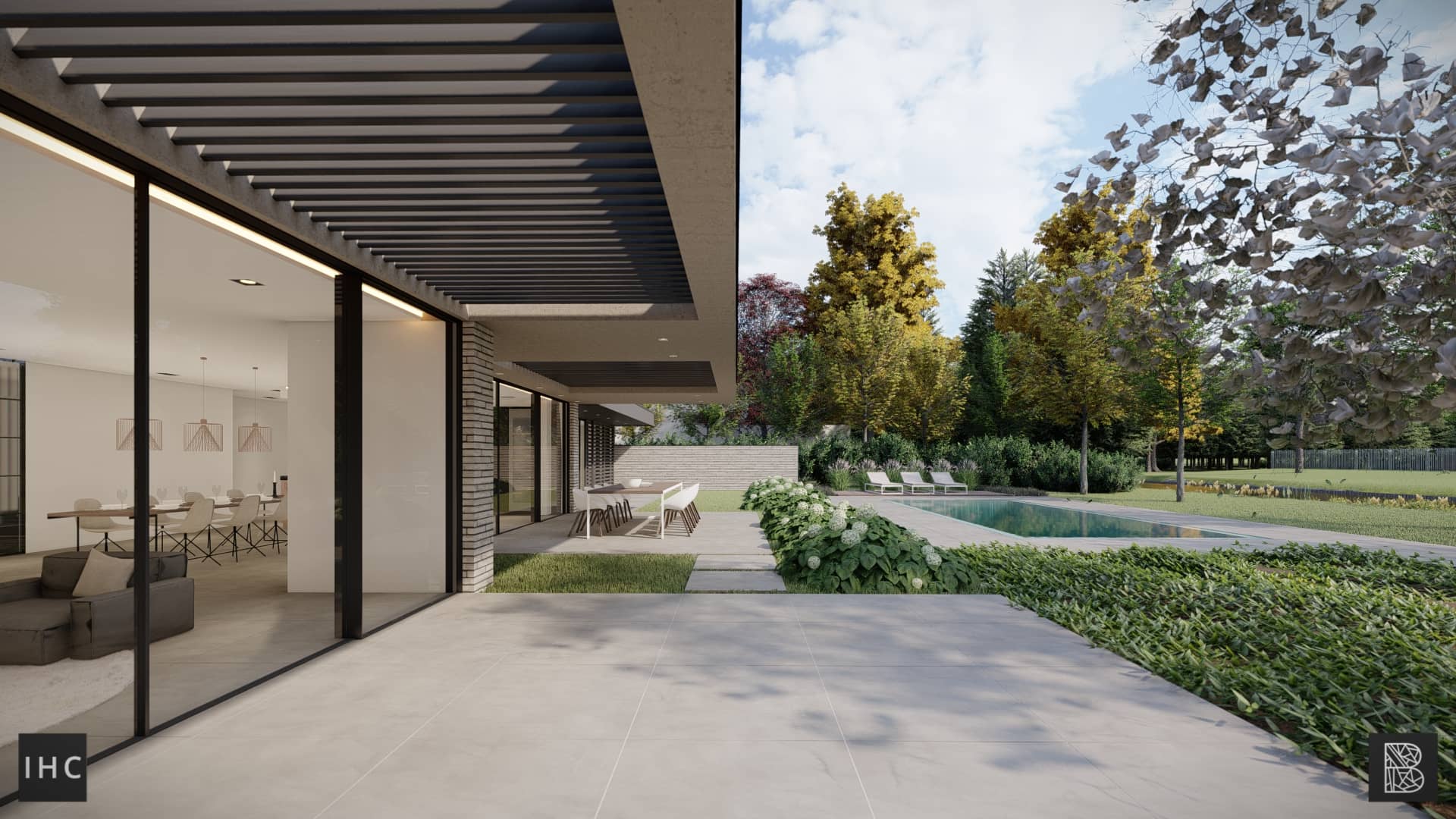 Woonhuis tuin met interieur glas zwembad outdoor meubels