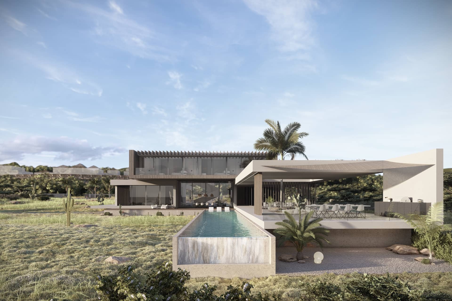 Luxe villa aan de Caribische kust met infinity pool en open buitenruimte.