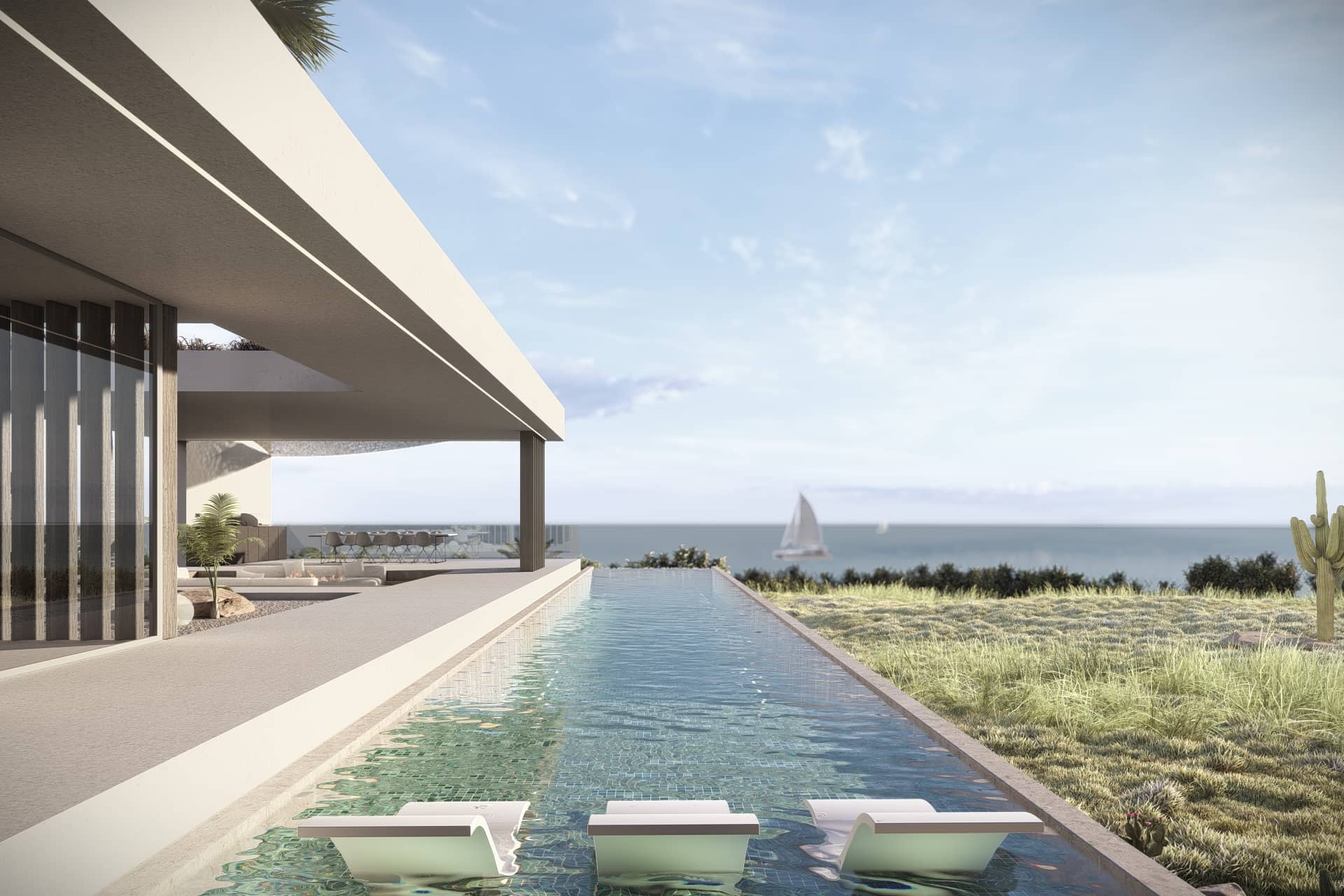 Architectonische villa met langgerekt zwembad dat visueel doorloopt naar de horizon.