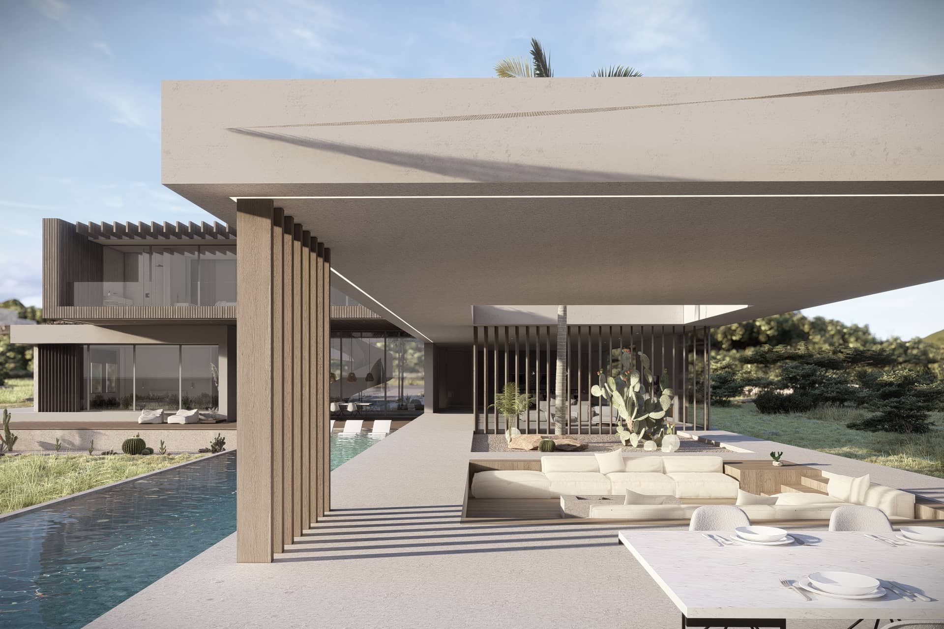 Moderne patio met houten verticale lamellen en indirecte lichtinval.