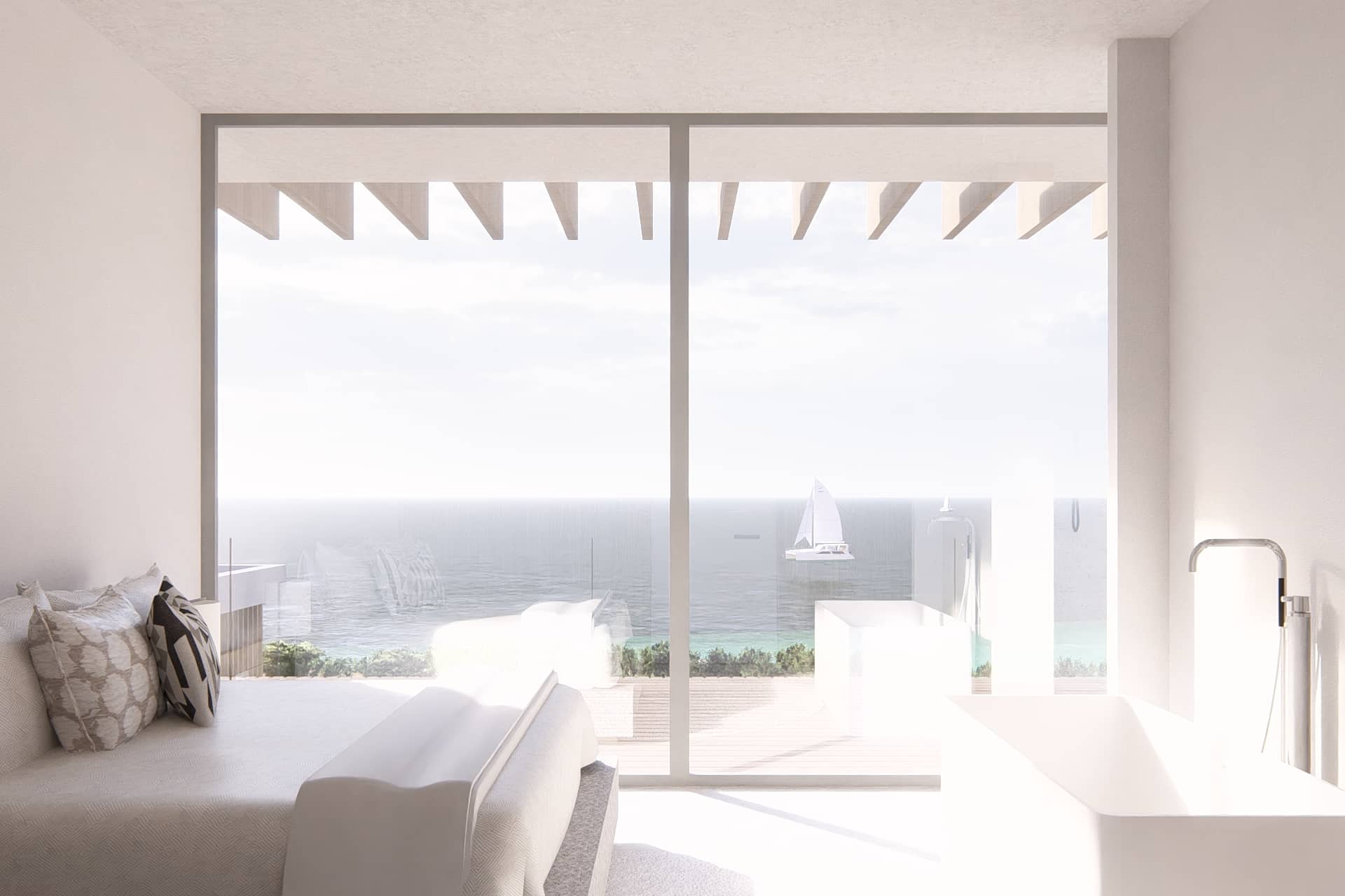 Slaapkamer met lichte materialen, houten accenten en zicht op het zwembad.