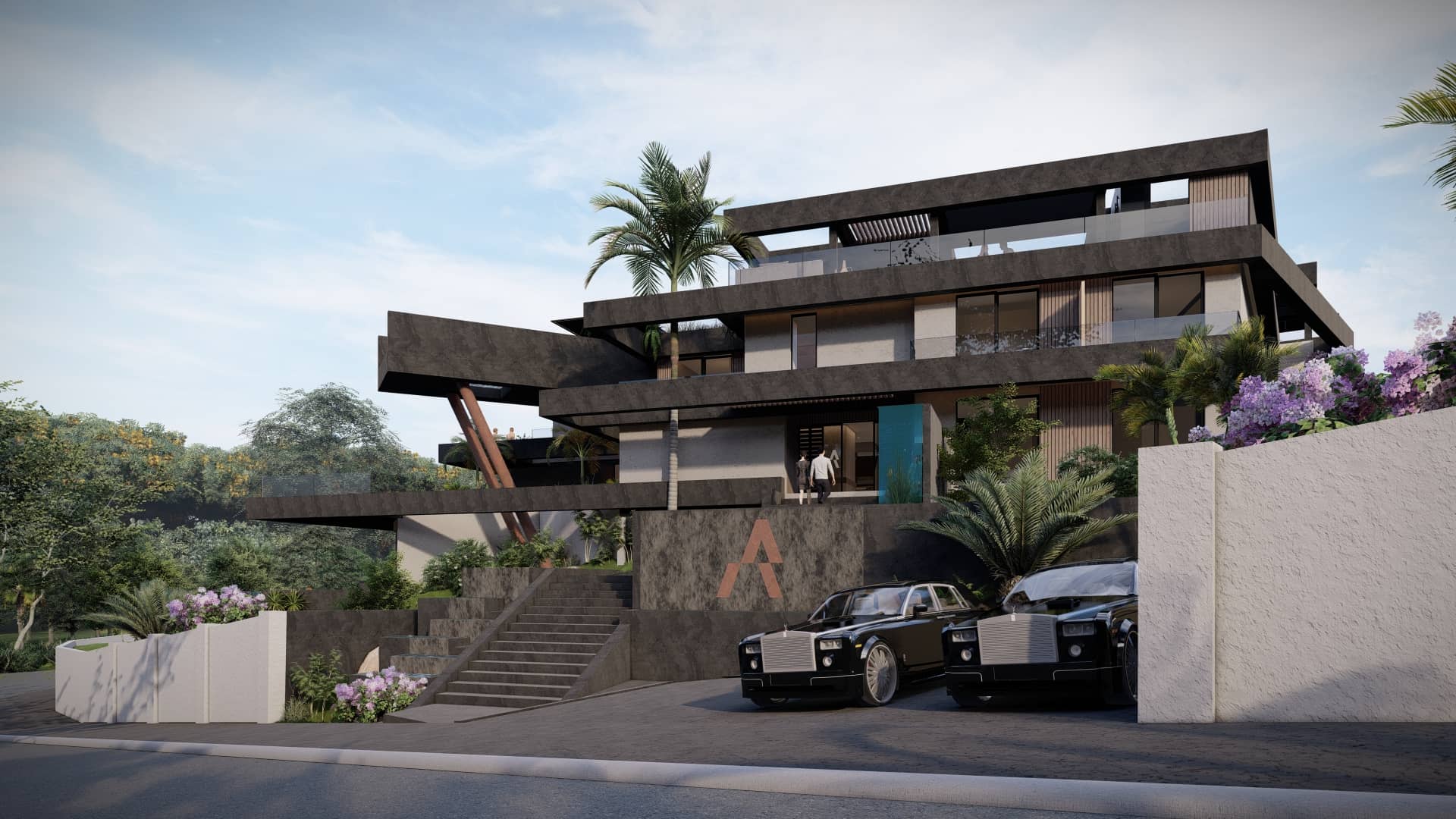Voorzijde van exclusieve villa met brede trap, donkere gevels, luxe auto’s, tropische beplanting en entreepartij.