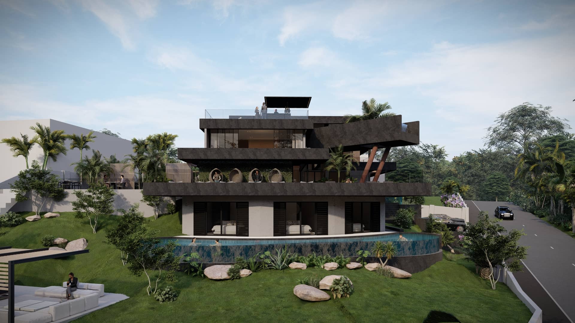 Entree van luxe villa met zwembad, glazen waterwand, donkere gevelmaterialen en moderne trapopgang.