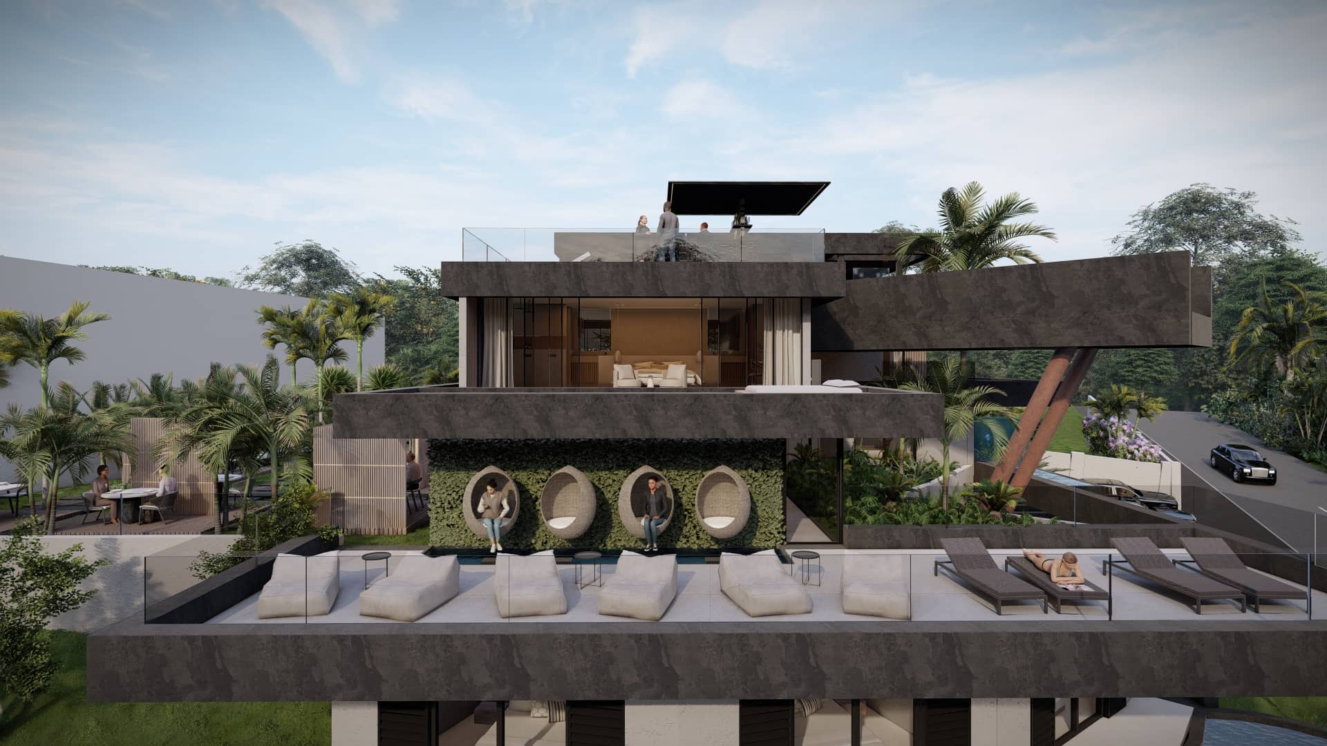 Vogelperspectief van een luxe villa met meerdere terrassen, zwembaden, daktuin en tropische landschapsinrichting.