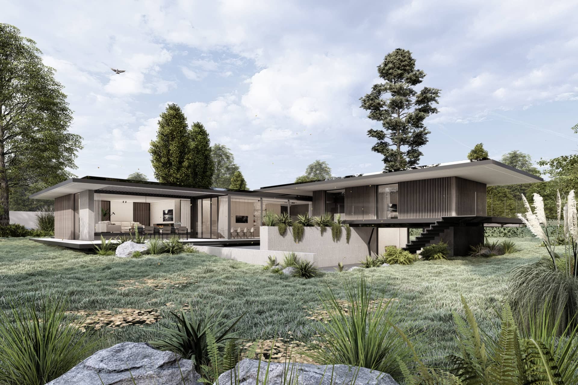 Design bungalow met ruime tuin, overdekte terrassen, grote glaspartijen en moderne architectuur.