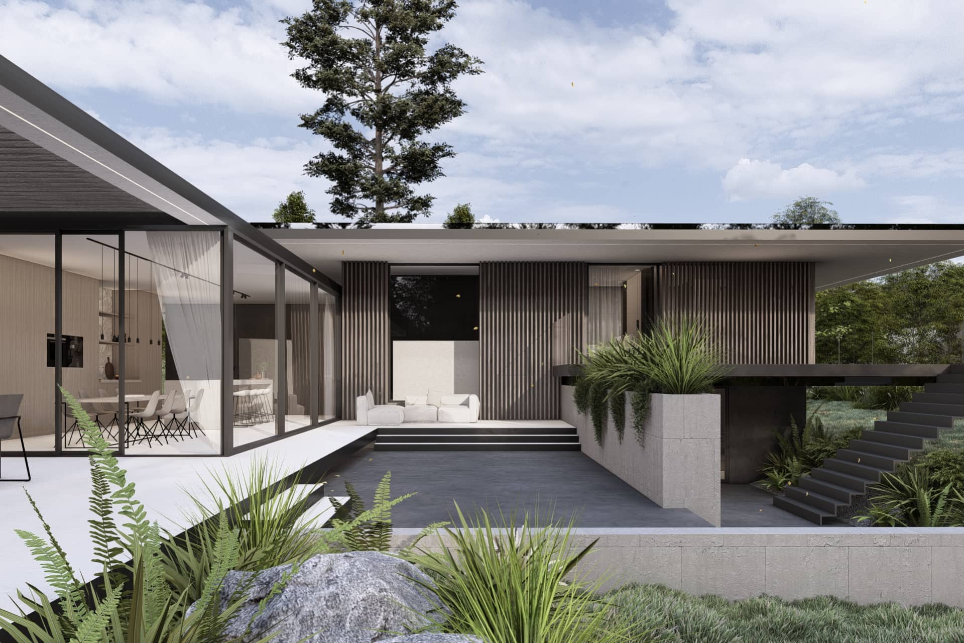 Design bungalow met ruime tuin, zwevende daklijnen, grote glaspartijen en moderne buitenruimte.