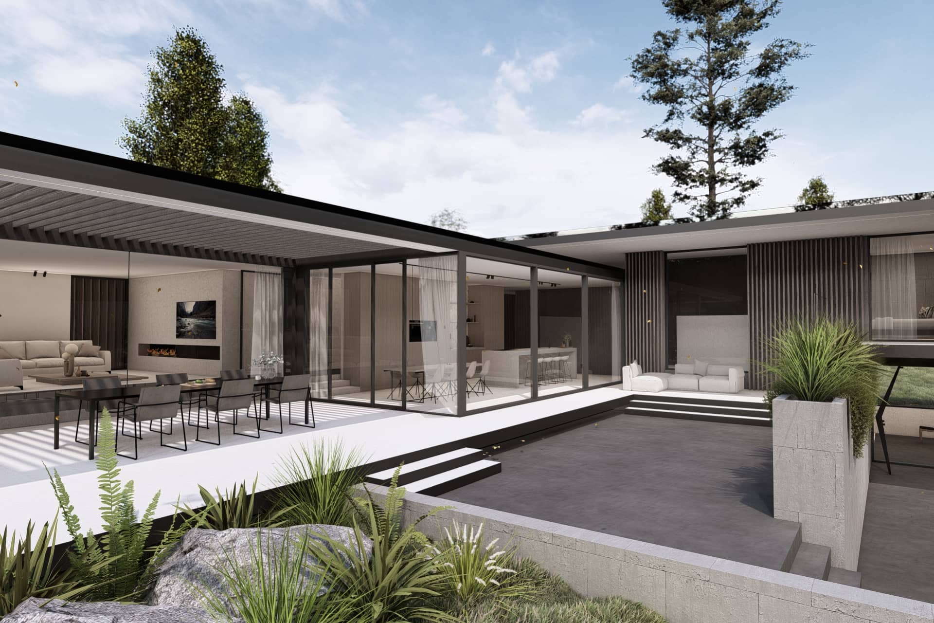 Design bungalow met ruime tuin, overdekte terrassen, grote glaspartijen en moderne architectuur.