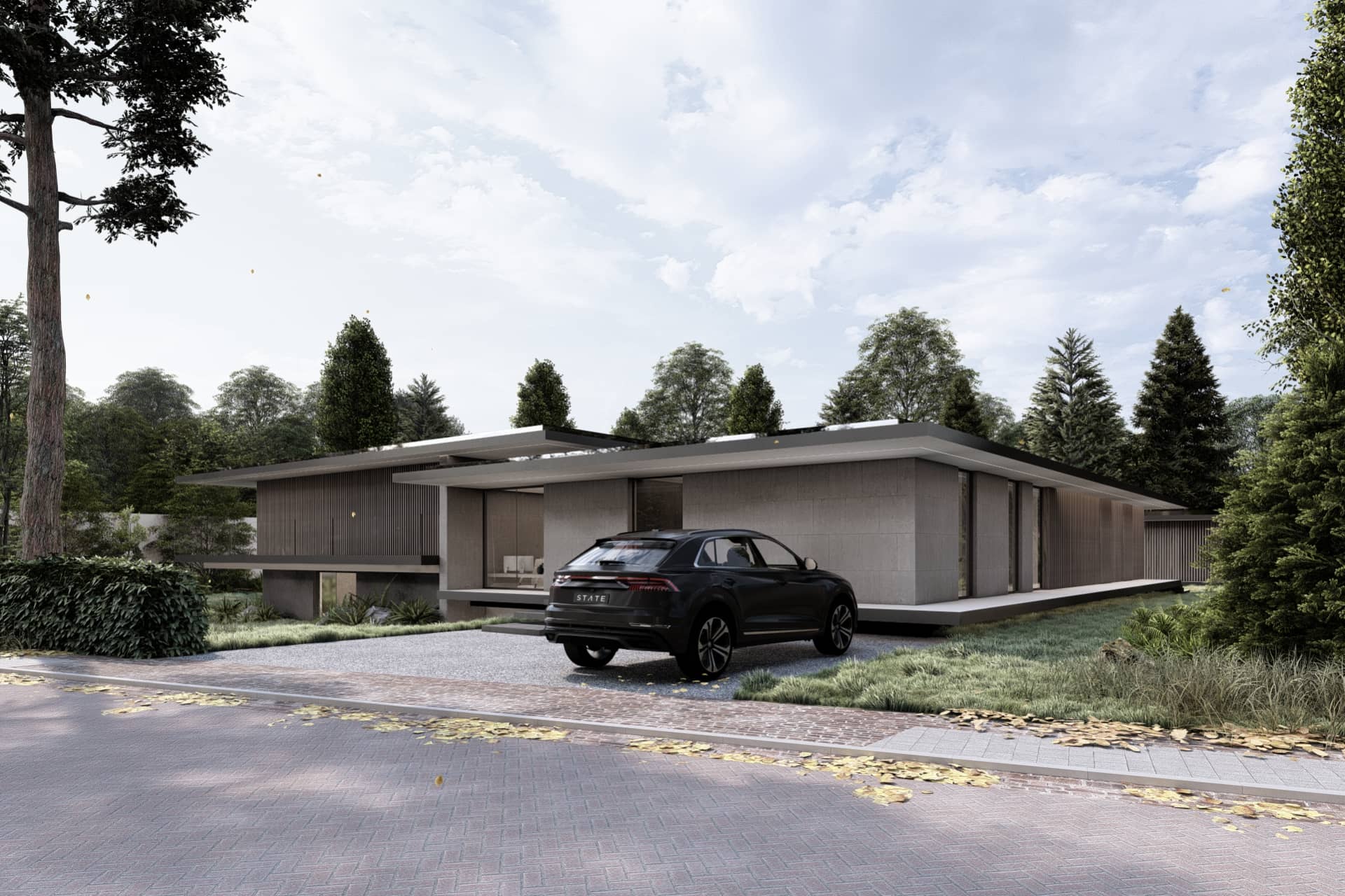 Voorzijde van een moderne design bungalow met witte gevel, zwart dakvlak, grote ramen en groene omgeving.