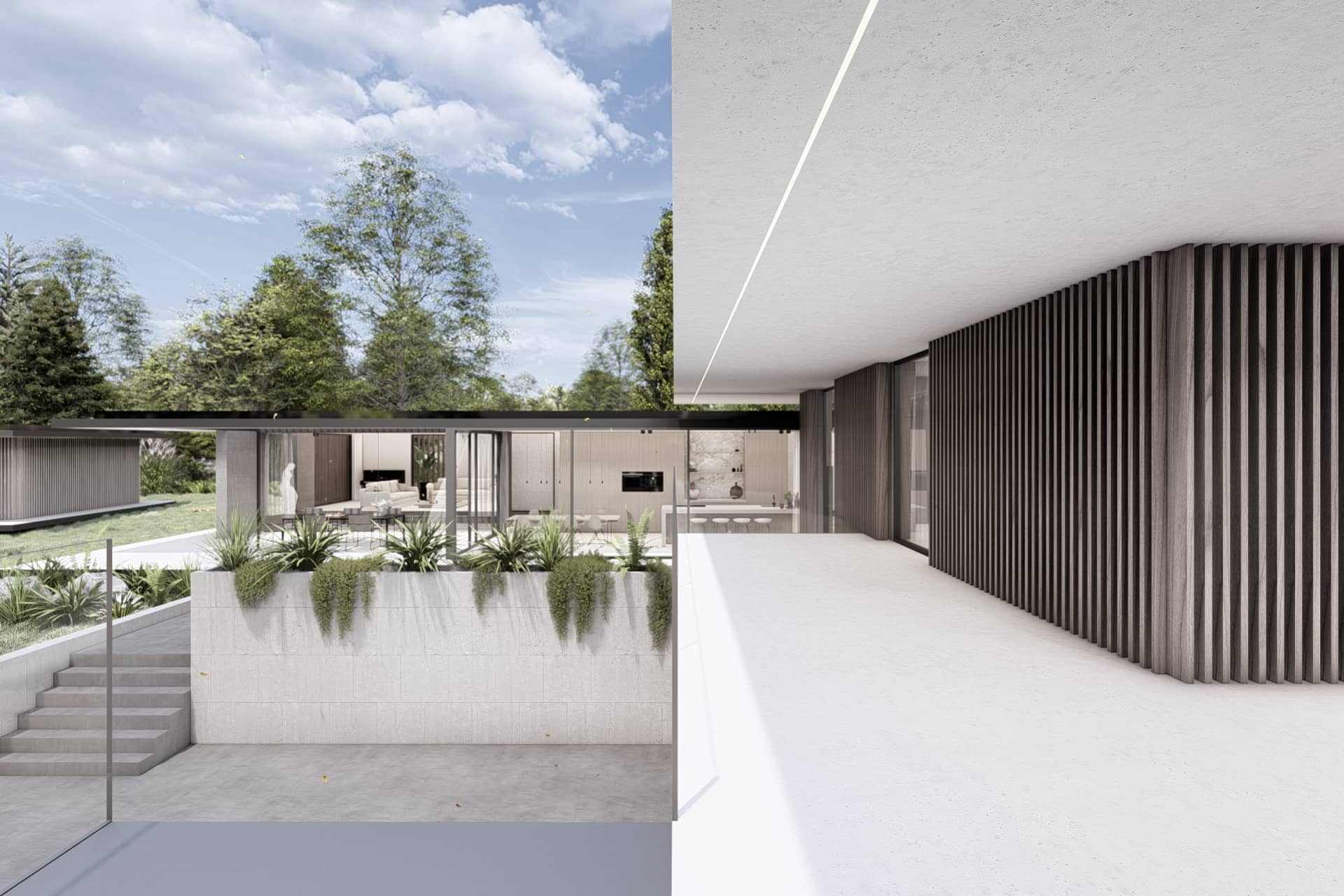 Zijgevel van een design bungalow met betonnen wanden, lang dakoverstek, geïntegreerde lijnverlichting en groene tuin.
