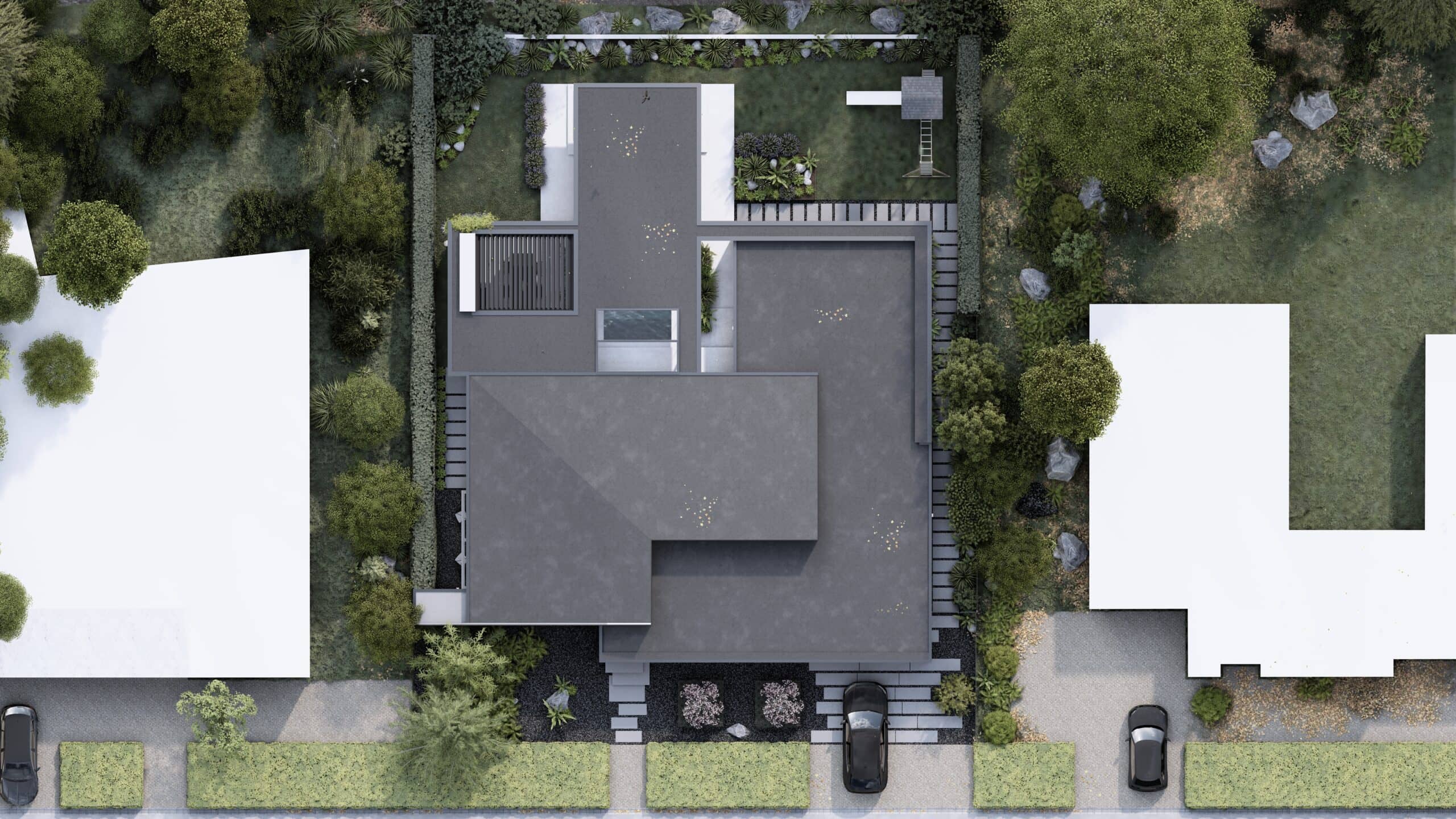Bovenaanzicht van een design bungalow met platte daken, tuinindeling en omliggende groene omgeving.