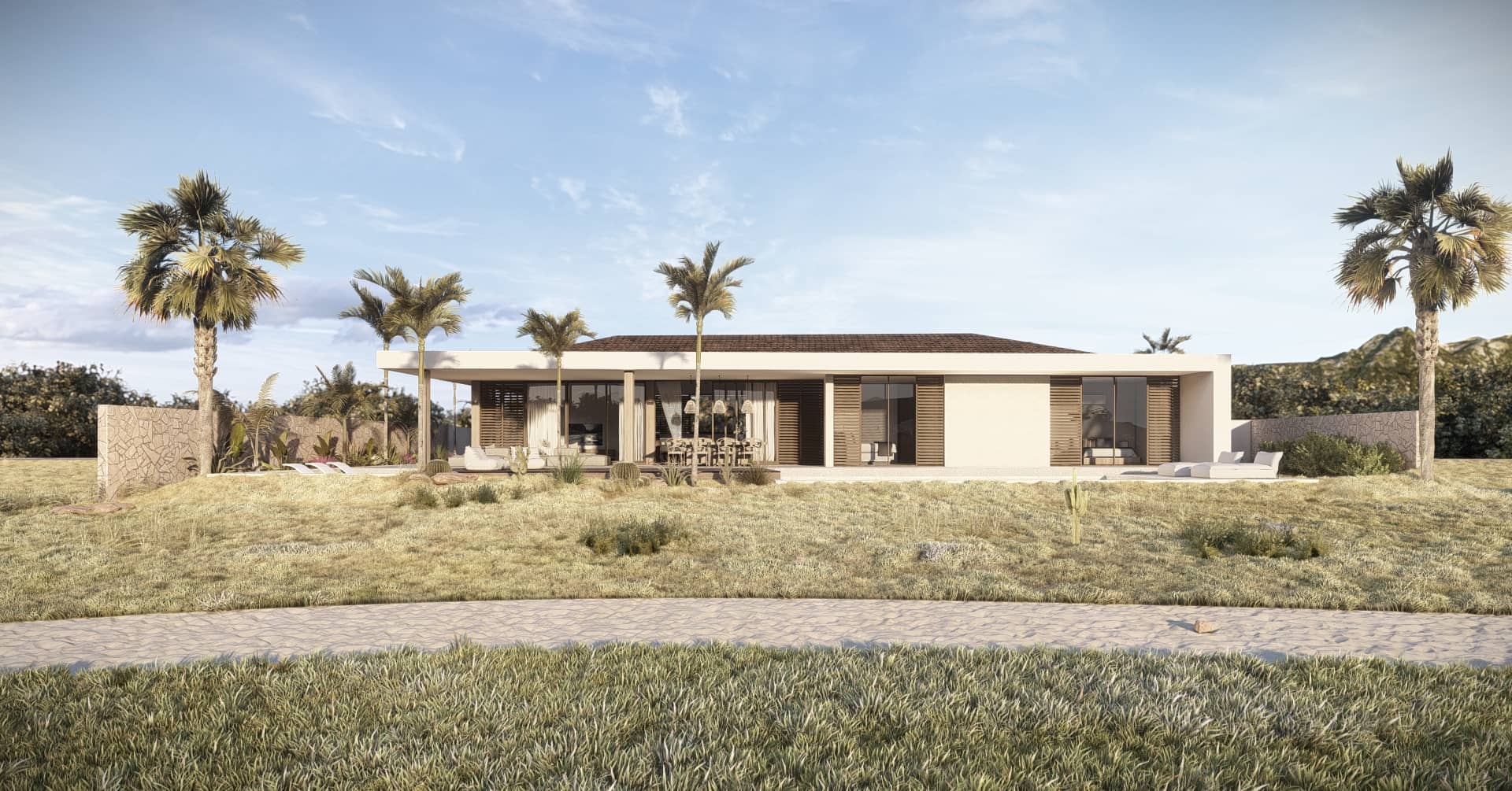 Frontaal aanzicht van een moderne gelijkvloerse villa met palmbomen, houten shutters en tropische tuin.
