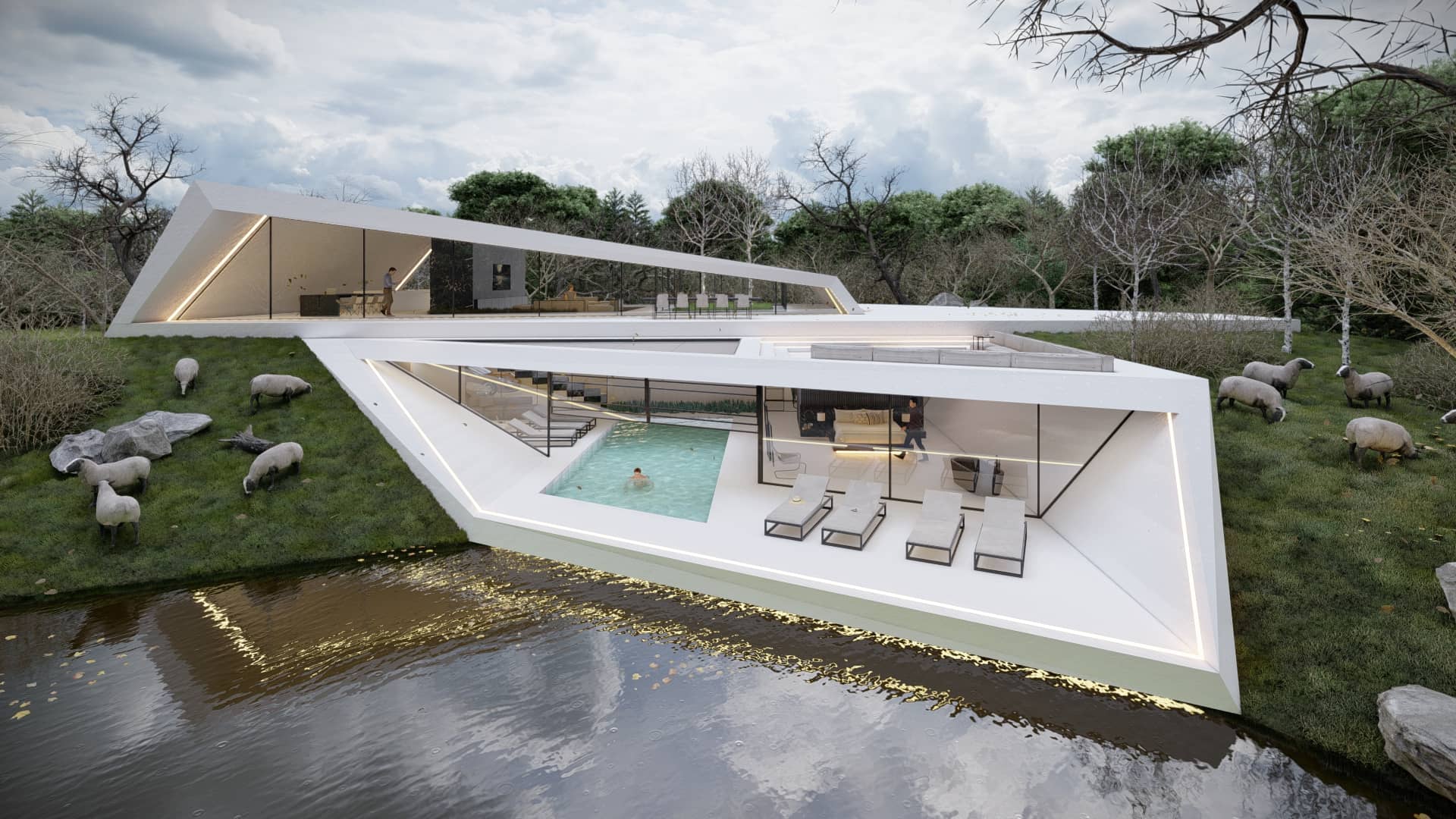 Moderne villa ontwerpen met zwevende volumes, waterrelatie en strakke architectuur